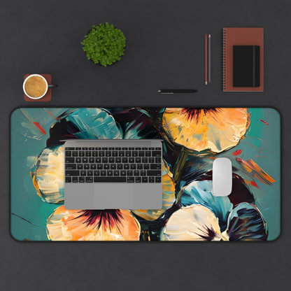 Golden Pansy Cascade Designer Desk Mat - Premium Office Desk Pad, 3 Sizes Available, Artistic Workspace Protection