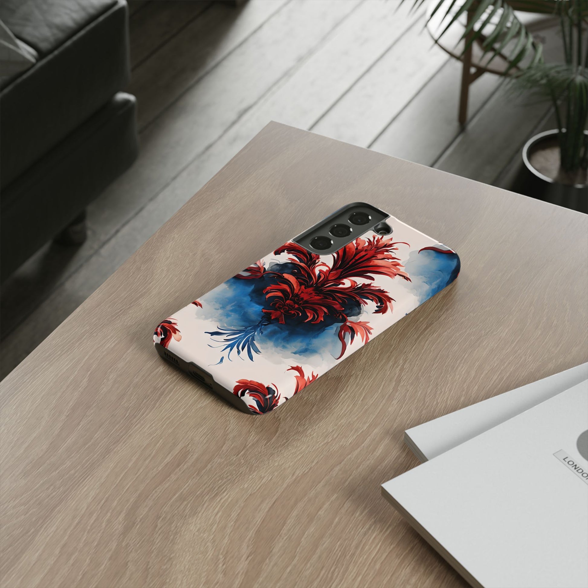 Crimson Plume - Bold Artistic Feather Samsung Galaxy S22 Tough Phone Case - Dramatic Red & Blue Design