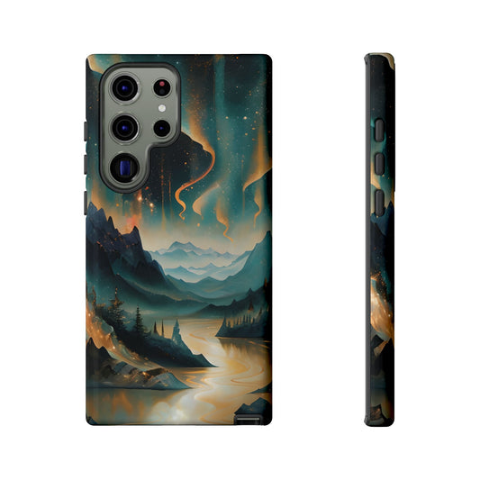 Aurora Dreamscape Samsung Galaxy tough case with glowing aurora sky over fantasy mountains and river, back and side view