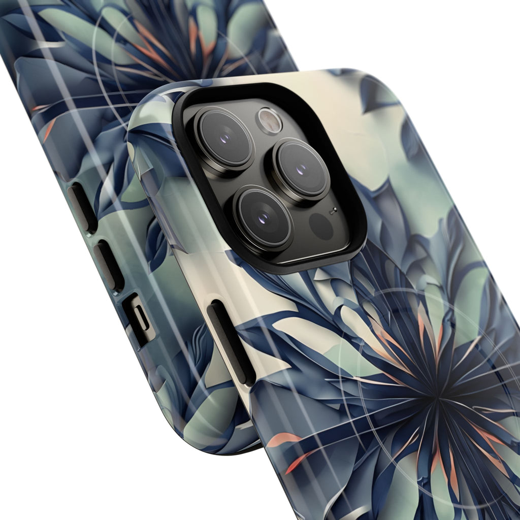 Frosted Indigo Bloom - Artistic Kaleidoscope Collection Artistic Floral - iPhone 14 Pro Max MagSafe Phone Case -Blue Symmetrical Design