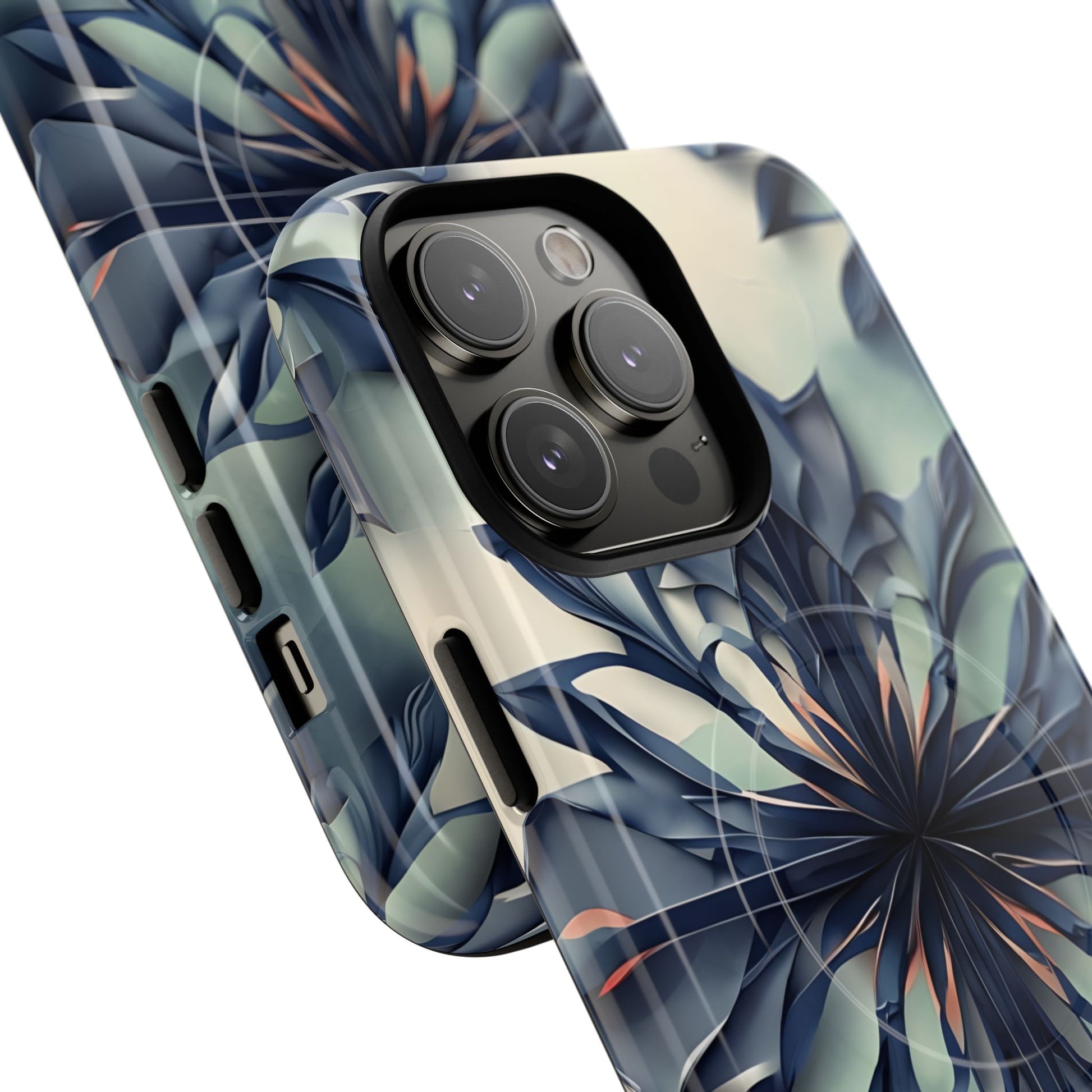 Frosted Indigo Bloom - Artistic Kaleidoscope Collection Artistic Floral - iPhone 14 Pro Max MagSafe Phone Case -Blue Symmetrical Design
