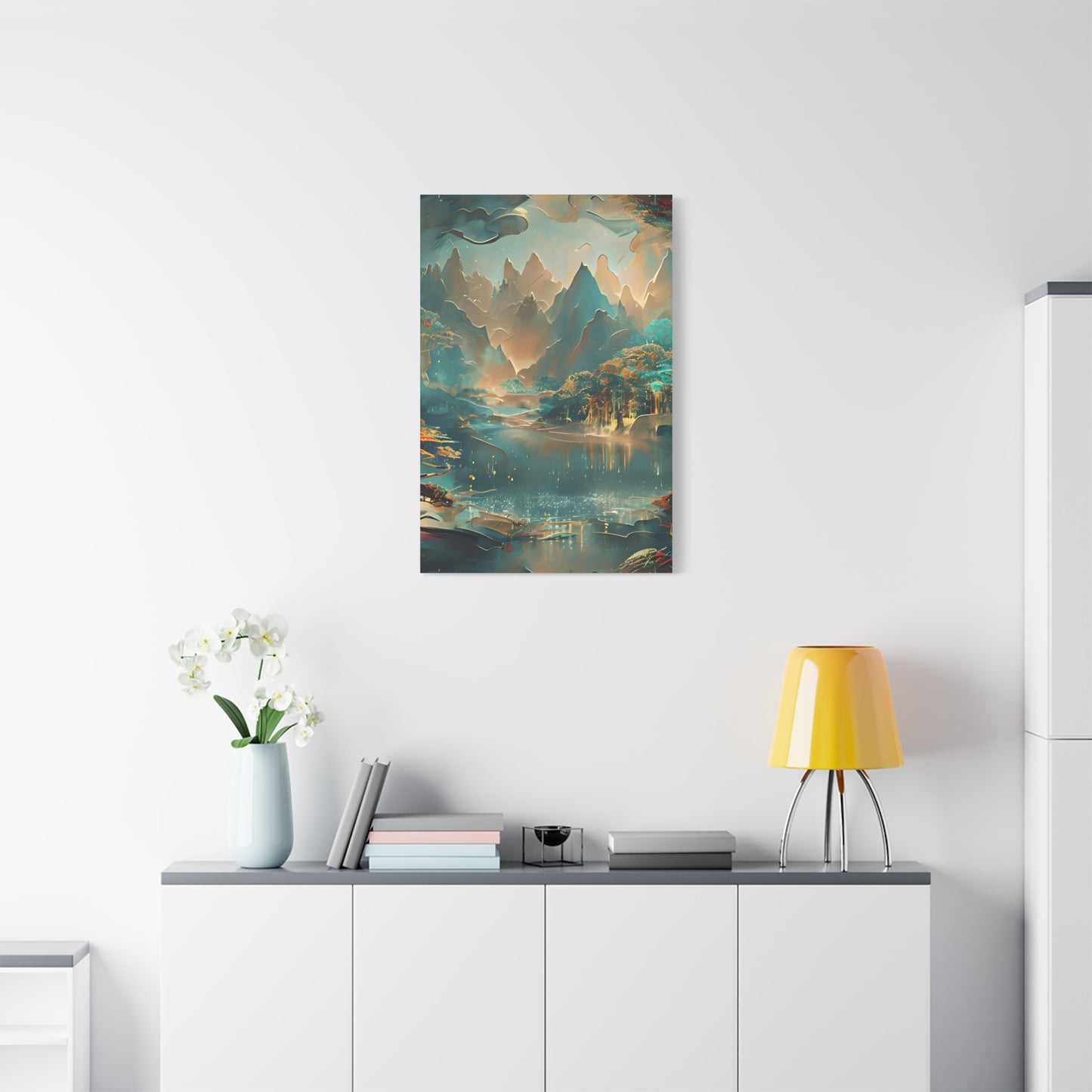 Misty Horizon wall art canvas displayed above a modern white console table in a bright living room