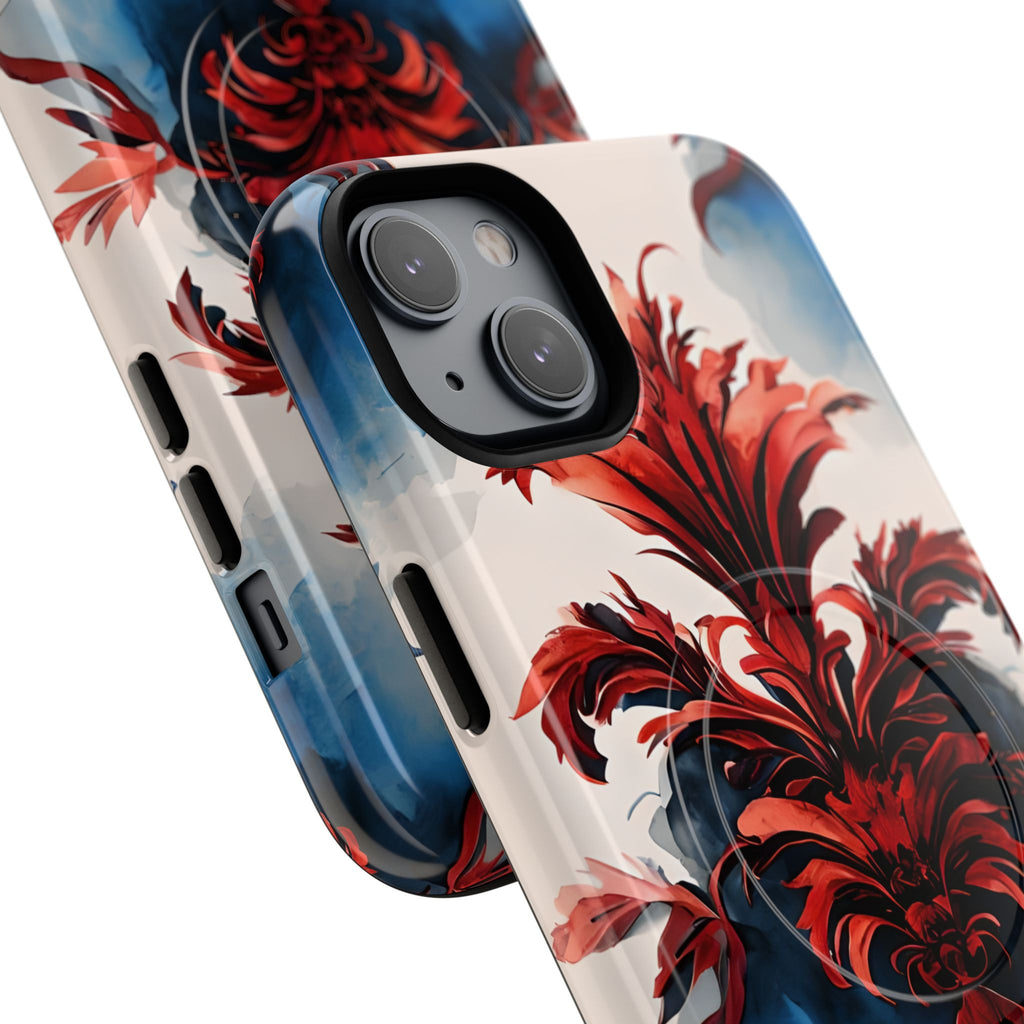 Crimson Plume - Bold Artistic Feather iPhone 14 Plus MagSafe Phone Case - Dramatic Red & Blue Design