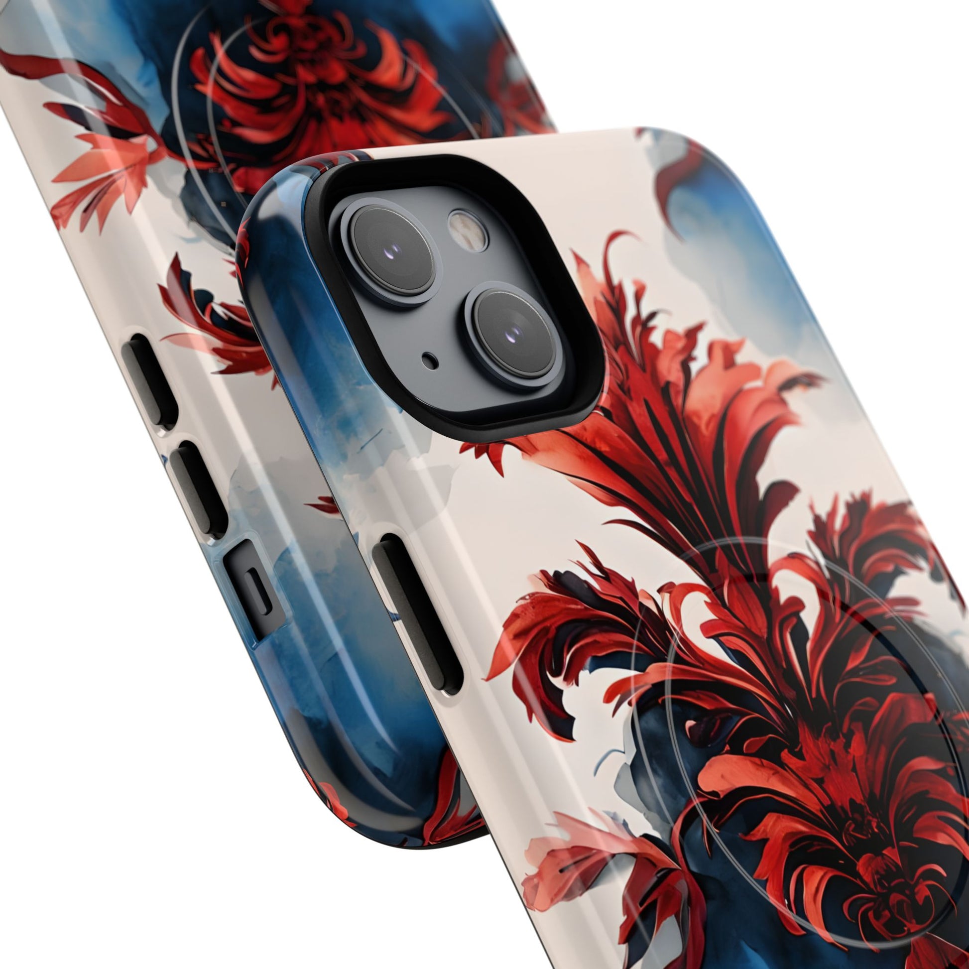 Crimson Plume - Bold Artistic Feather iPhone 14 Plus MagSafe Phone Case - Dramatic Red & Blue Design