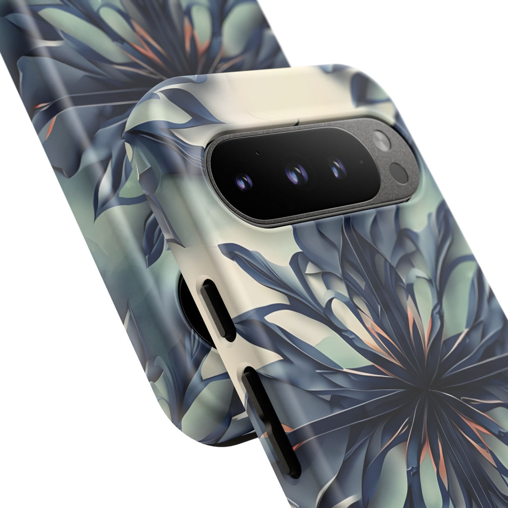Frosted Indigo Bloom - Artistic Kaleidoscope Collection Artistic Floral - Google Pixel 9 Pro Tough Phone Case - Blue Symmetrical Design