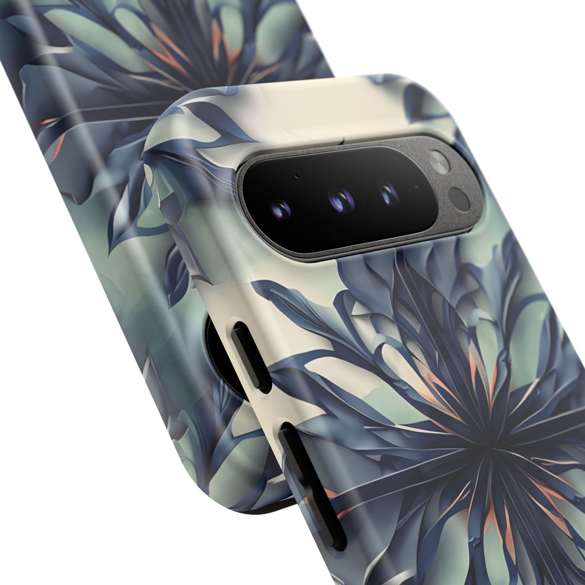 Frosted Indigo Bloom - Artistic Kaleidoscope Collection Artistic Floral - Google Pixel 9 Pro Tough Phone Case - Blue Symmetrical Design