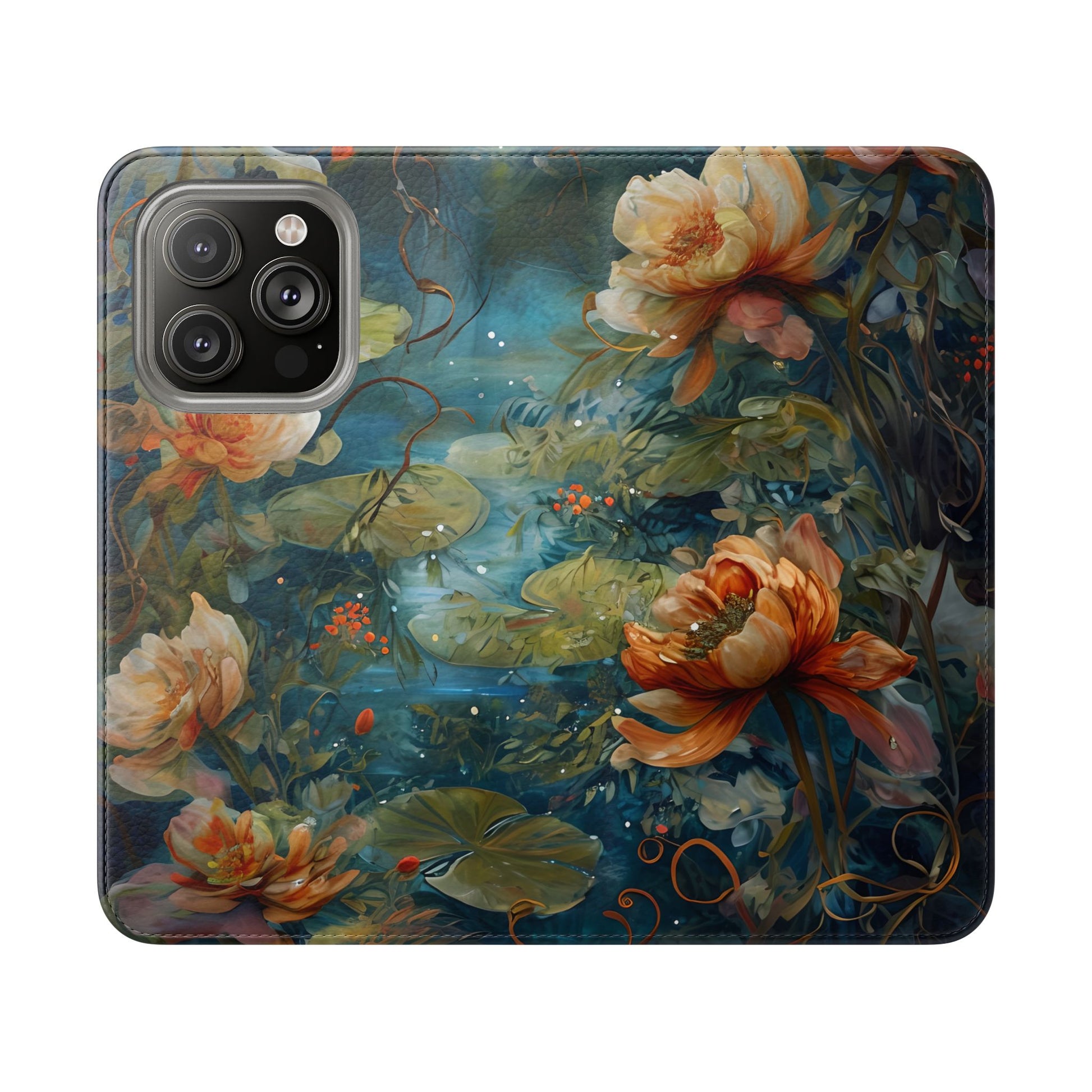 Waterlily Nocturne iPhone 14 Pro Wallet Case - Elegant Floral Flip Cover, Vintage Botanical Phone Folio