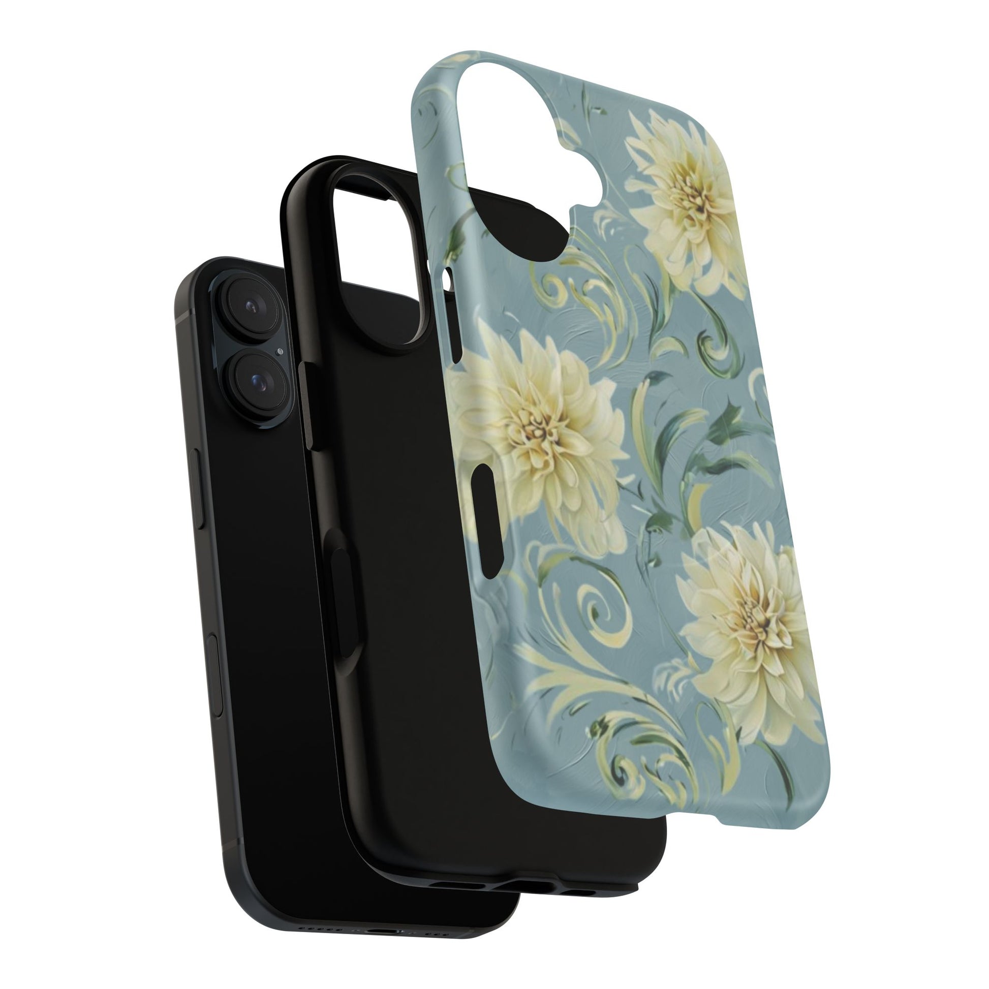 Golden Dahlia Trio - Elegant Floral iPhone 16 MagSafe Phone Case - Artistic White & Blue Dahlia Design