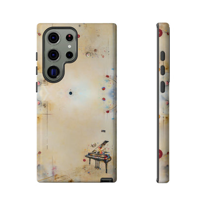 Keys of Imagination Samsung Galaxy tough case with whimsical grand piano illustration on warm parchment background, back and side view