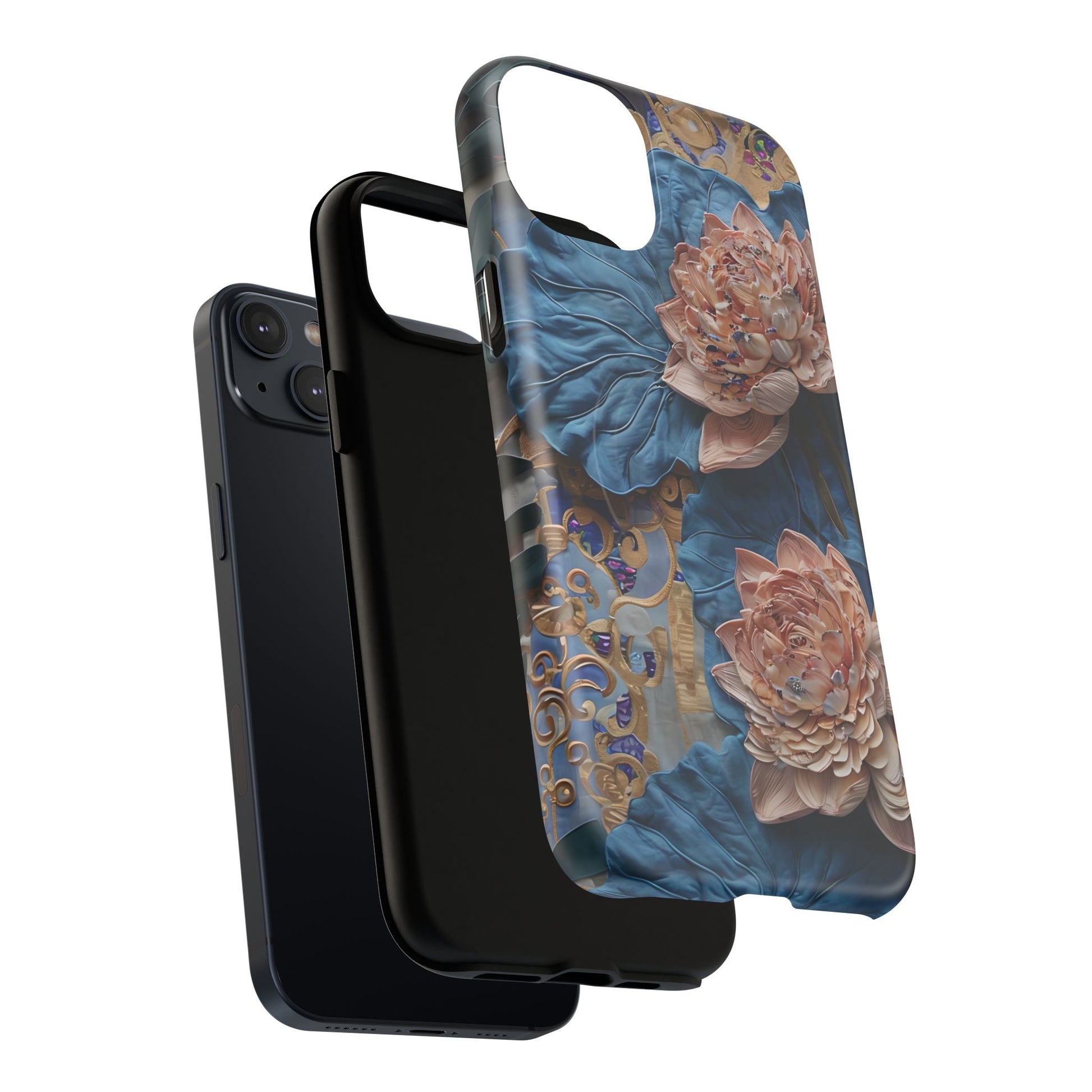 Peony Midnight Tapestry - iPhone 14 Plus - MagSafe Compatible - Elegant Blue & Blush Artful Phone Cover