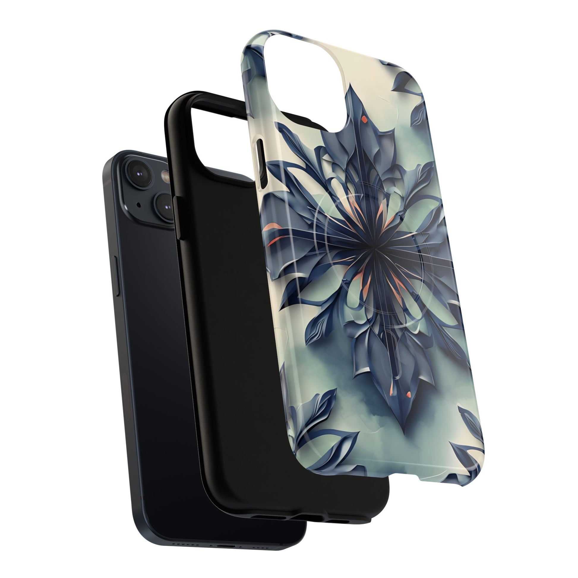 Frosted Indigo Bloom - Artistic Kaleidoscope Collection Artistic Floral - iPhone 14 Plus MagSafe Phone Case -Blue Symmetrical Design