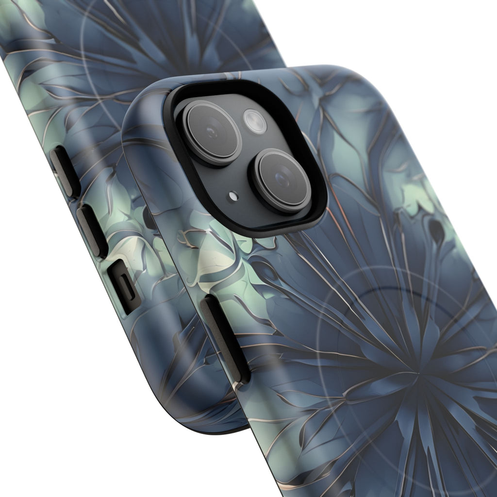 Indigo Mosaic - Artistic Kaleidoscope Collection Artistic Floral - iPhone 15 MagSafe Phone Case -Bold Blue Symmetrical Design