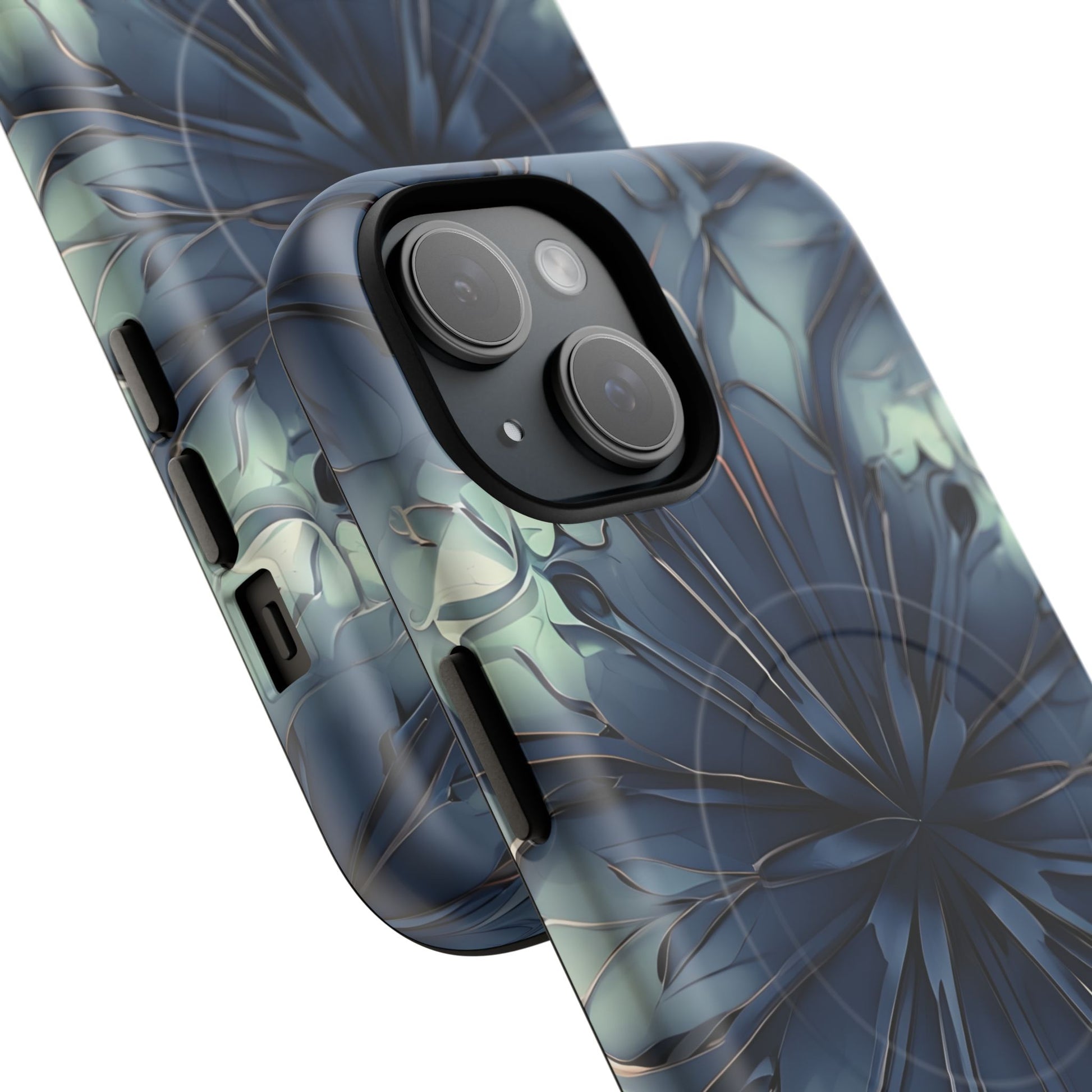 Indigo Mosaic - Artistic Kaleidoscope Collection Artistic Floral - iPhone 15 MagSafe Phone Case -Bold Blue Symmetrical Design