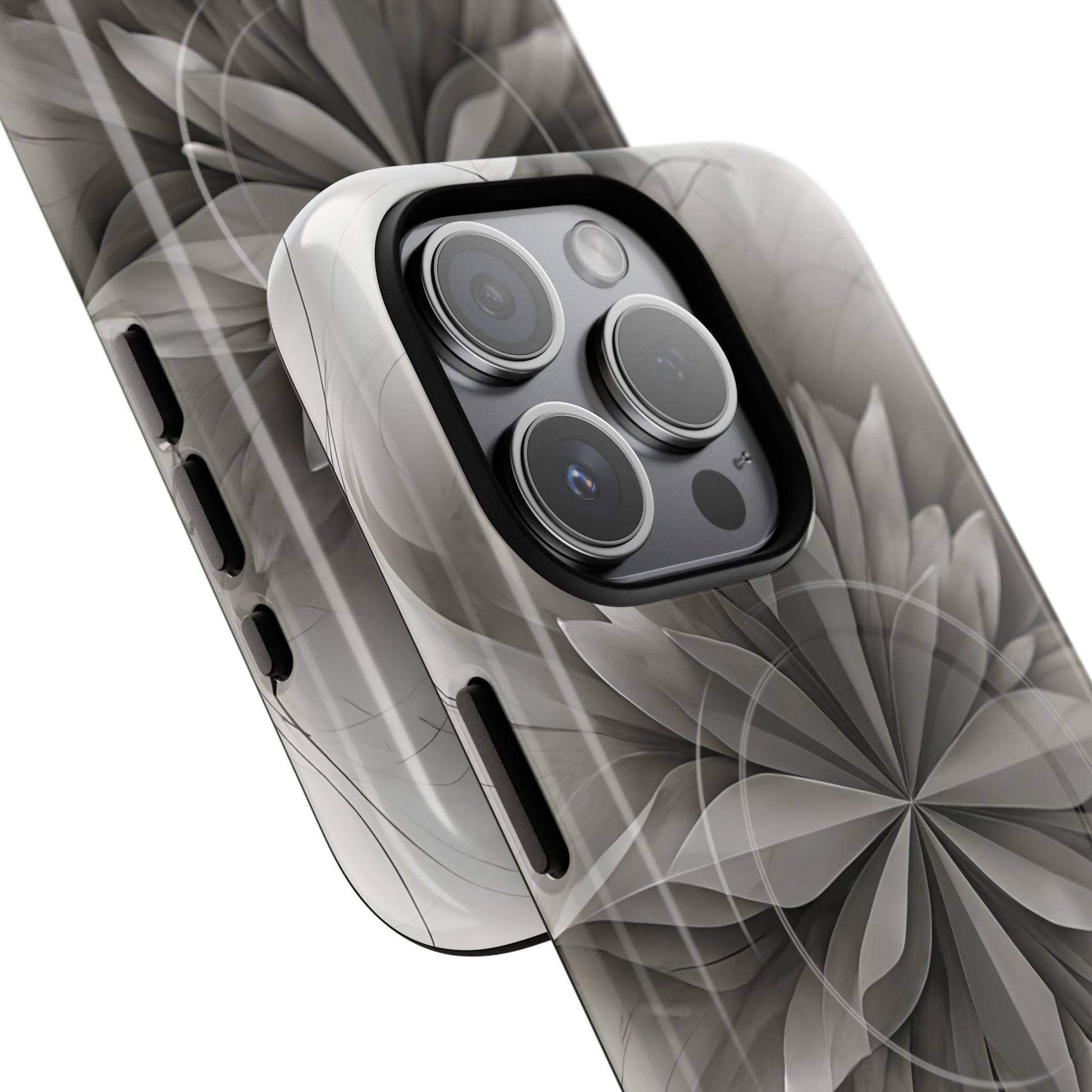 Silver Lotus - Elegant Monochrome Floral iPhone 15 Pro MagSafe Phone Case - Modern Lotus Design