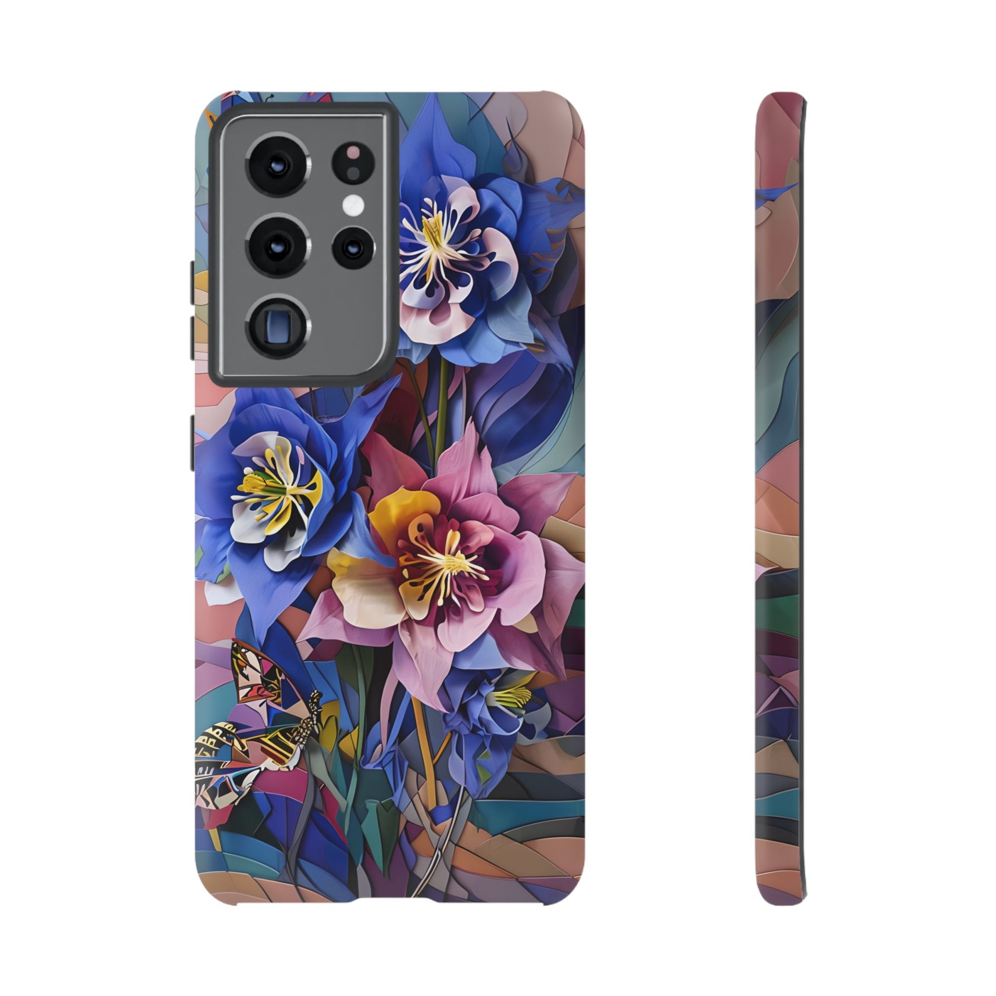 Blue Columbine Carnivale - Artistic Floral & Butterfly Samsung S21 Ultra Tough Phone Case - Vibrant Botanical Design