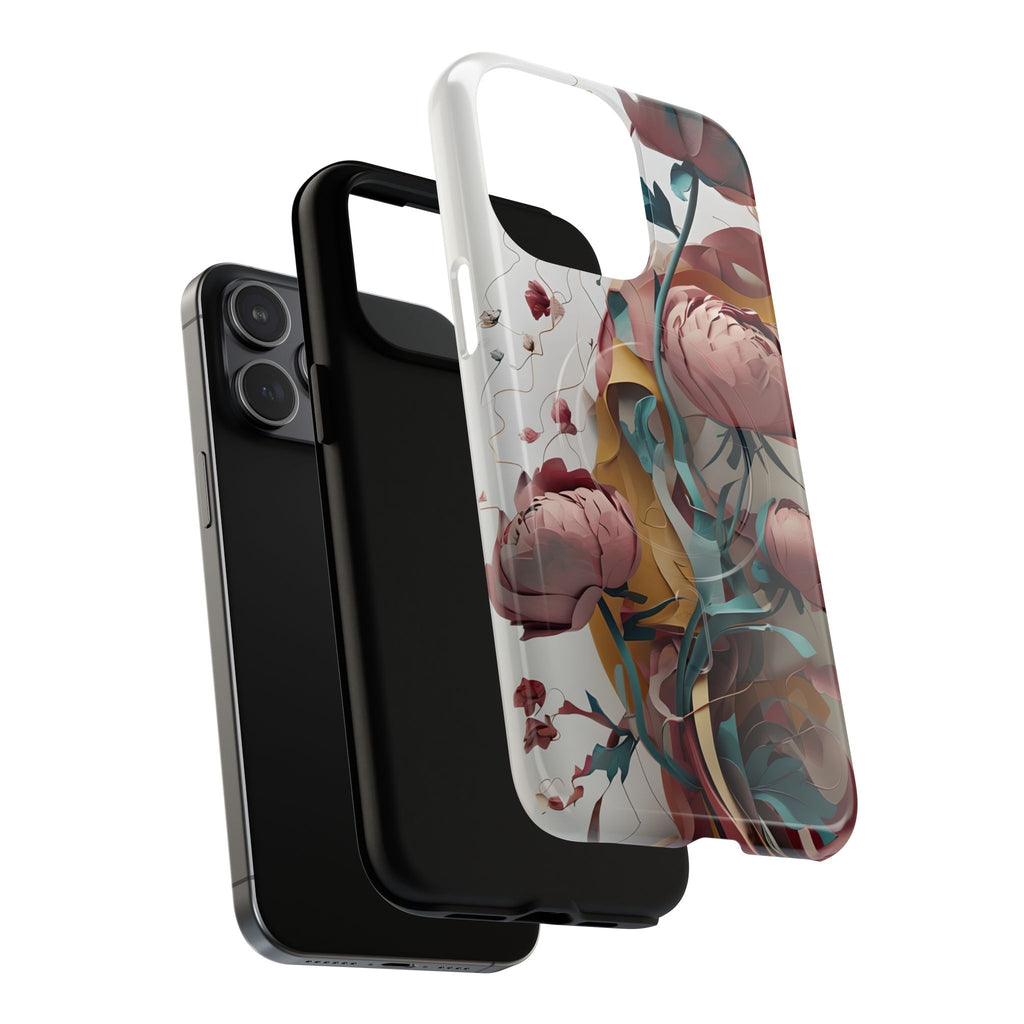 Blushing Peony Veil - Elegant Painterly Floral iPhone 15 Pro Max MagSafe Phone Case - Soft Blush & Teal Peony Design
