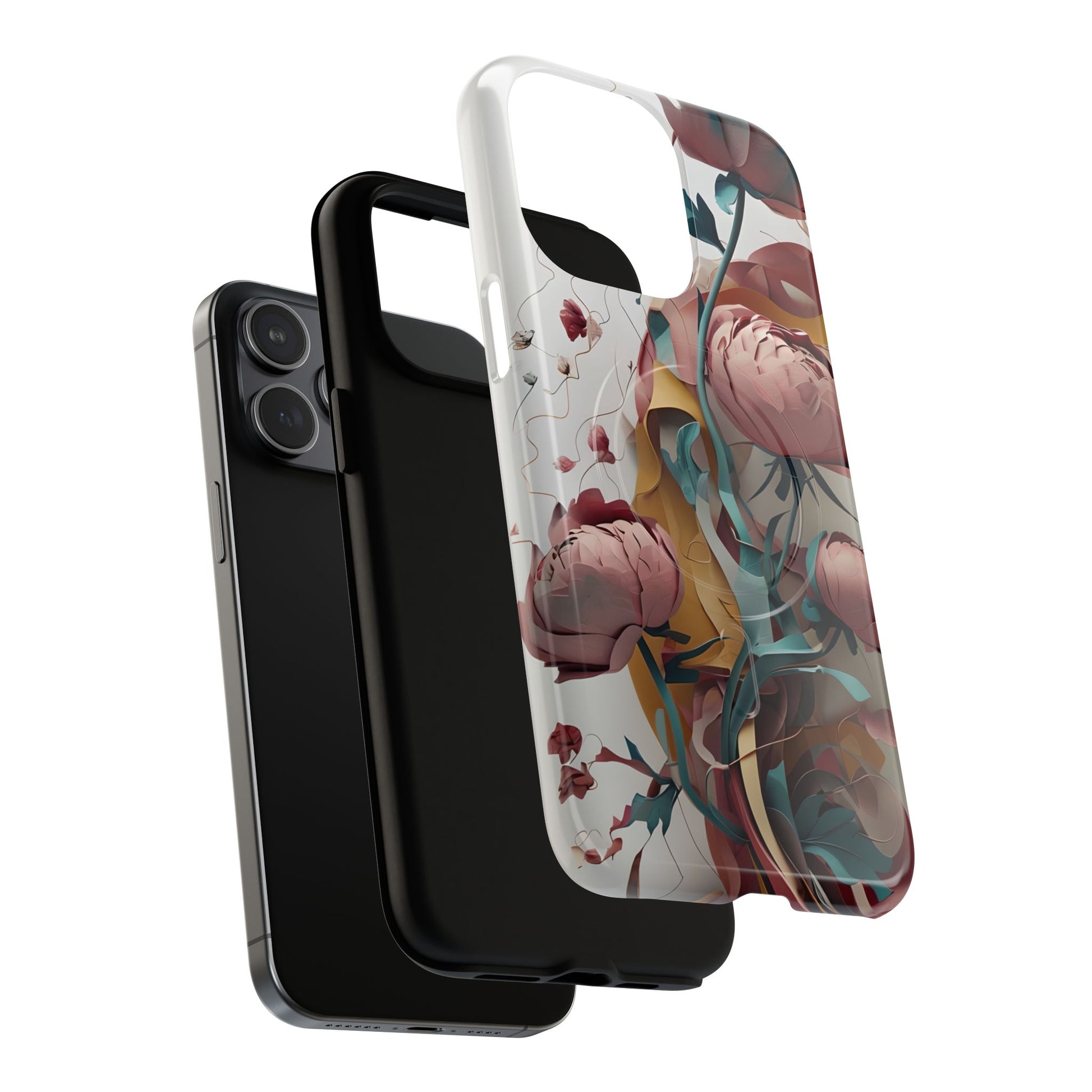 Blushing Peony Veil - Elegant Painterly Floral iPhone 15 Pro Max MagSafe Phone Case - Soft Blush & Teal Peony Design