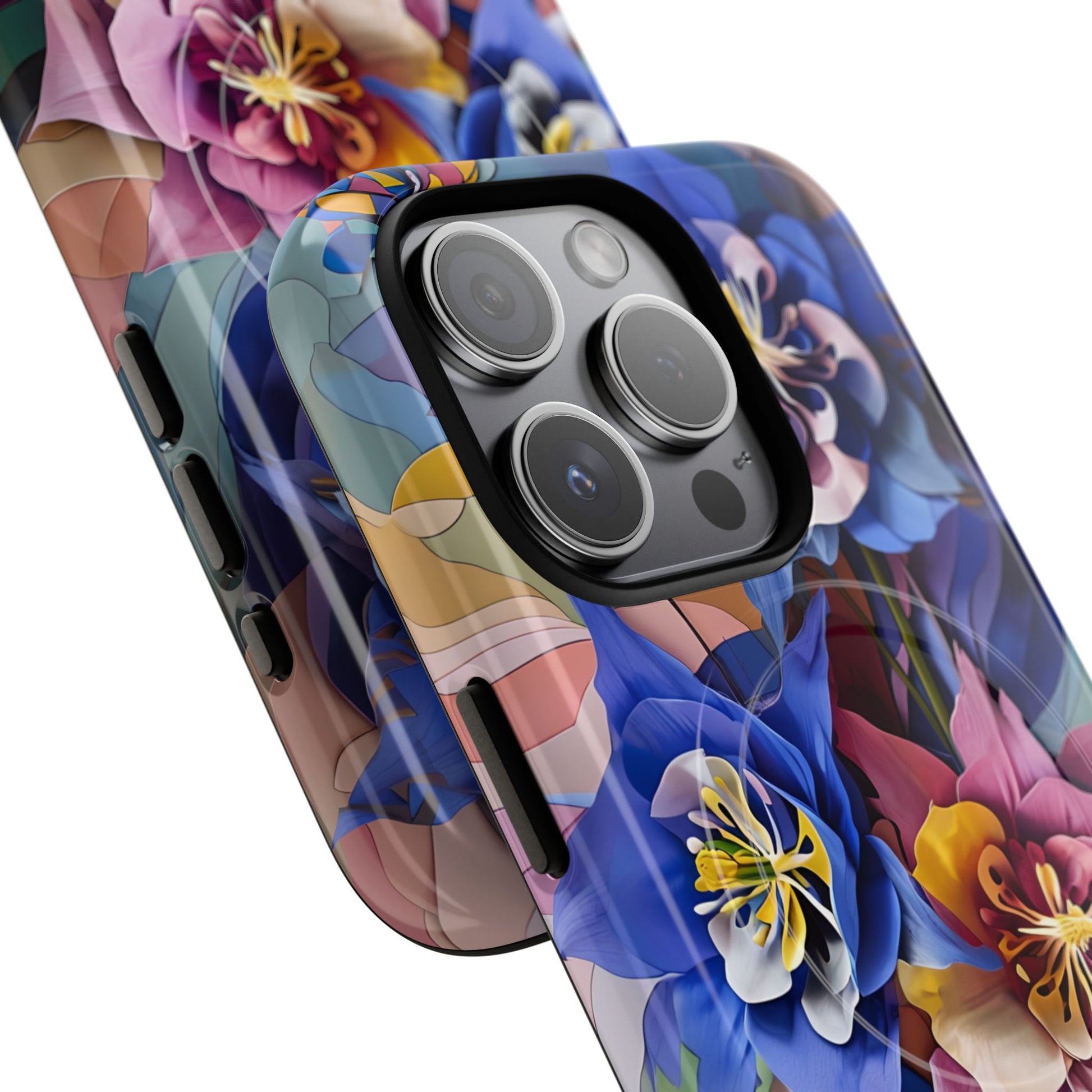 Blue Columbine Carnivale - Artistic Floral & Butterfly iPhone 15 Pro MagSafe Phone Case - Vibrant Botanical Design