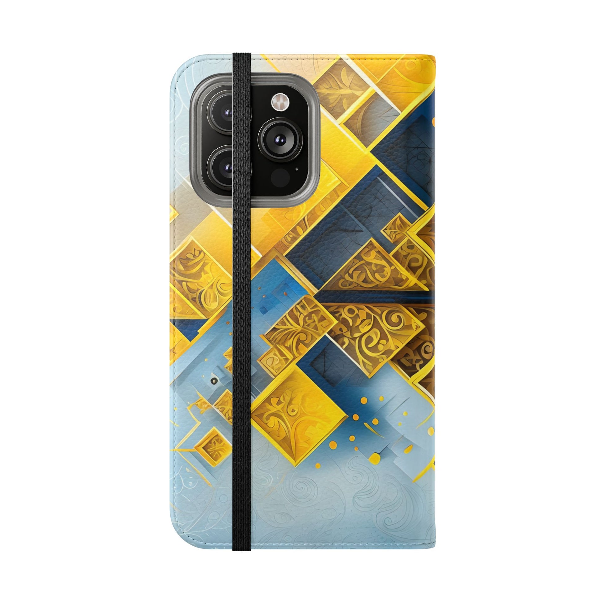 Golden Ascent Wallet Phone Case - Abstract Yellow & Blue Flip Cover for iPhone 14 Pro Max