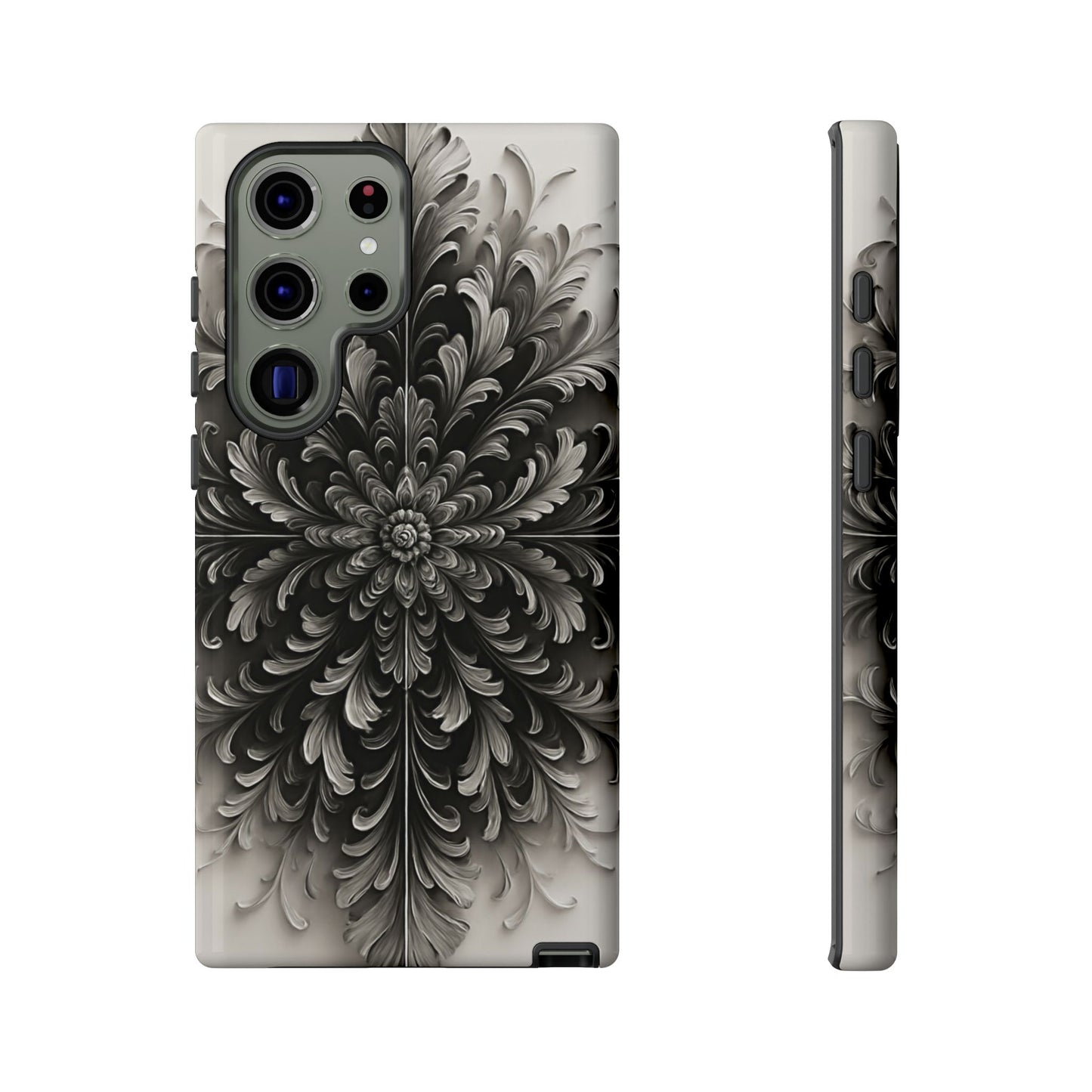Obsidian Bloom black floral mandala wraparound Samsung Galaxy phone case front and side view
