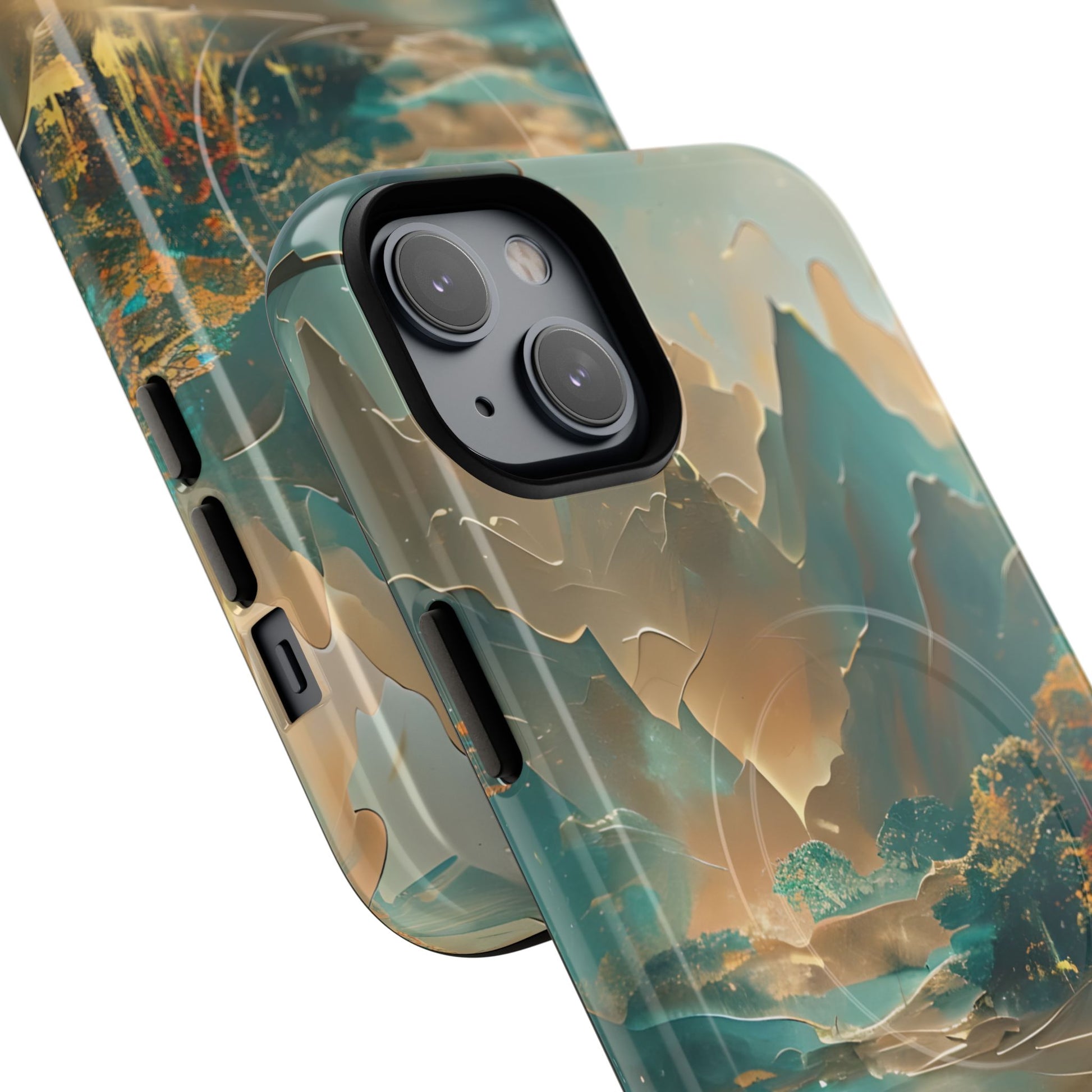 Misty Horizon - Serene Landscape Art iPhone 14 Plus MagSafe Phone Case - Tranquil Mountain & Lake Design