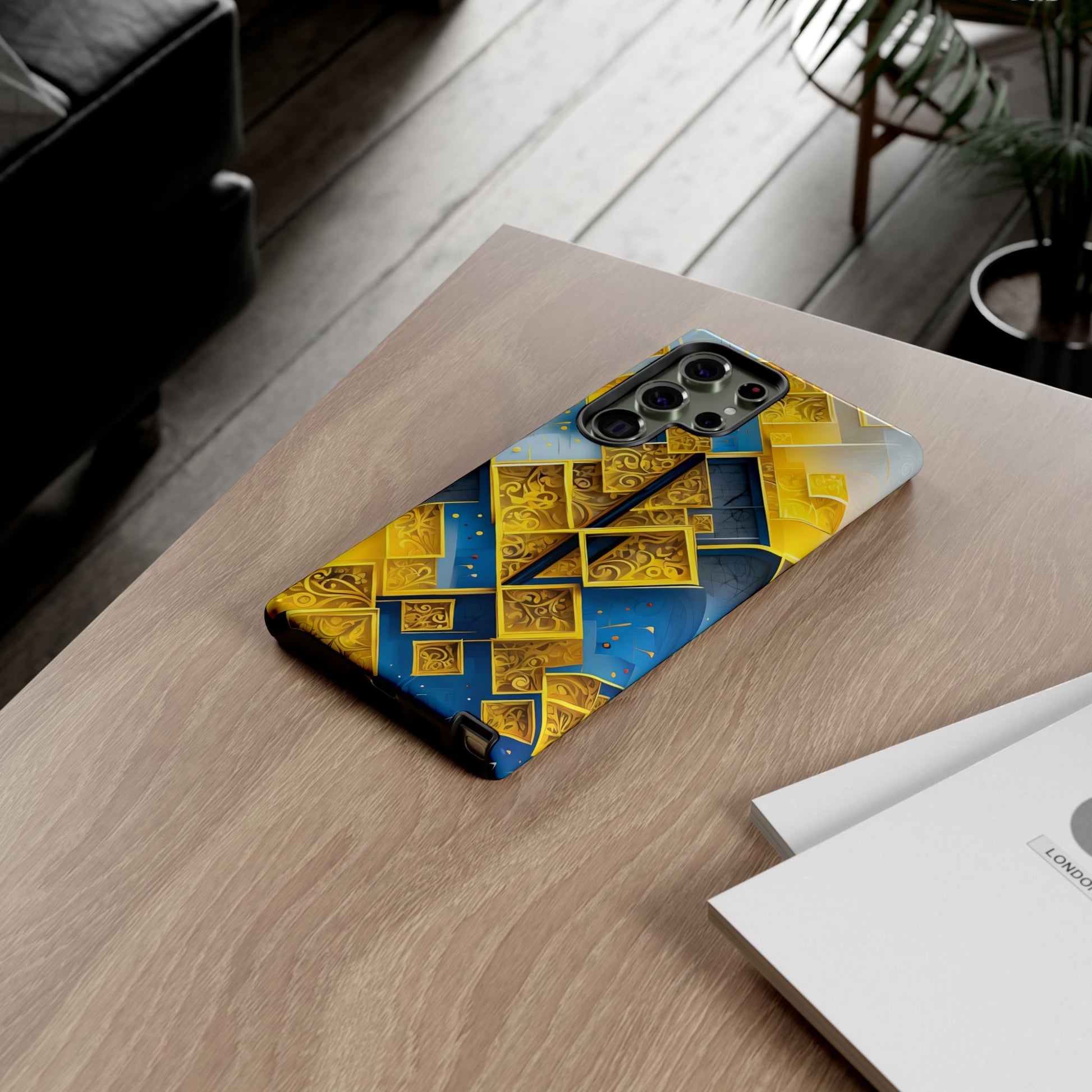 Golden Ascent geometric gold pattern Samsung Galaxy phone case lifestyle desk scene