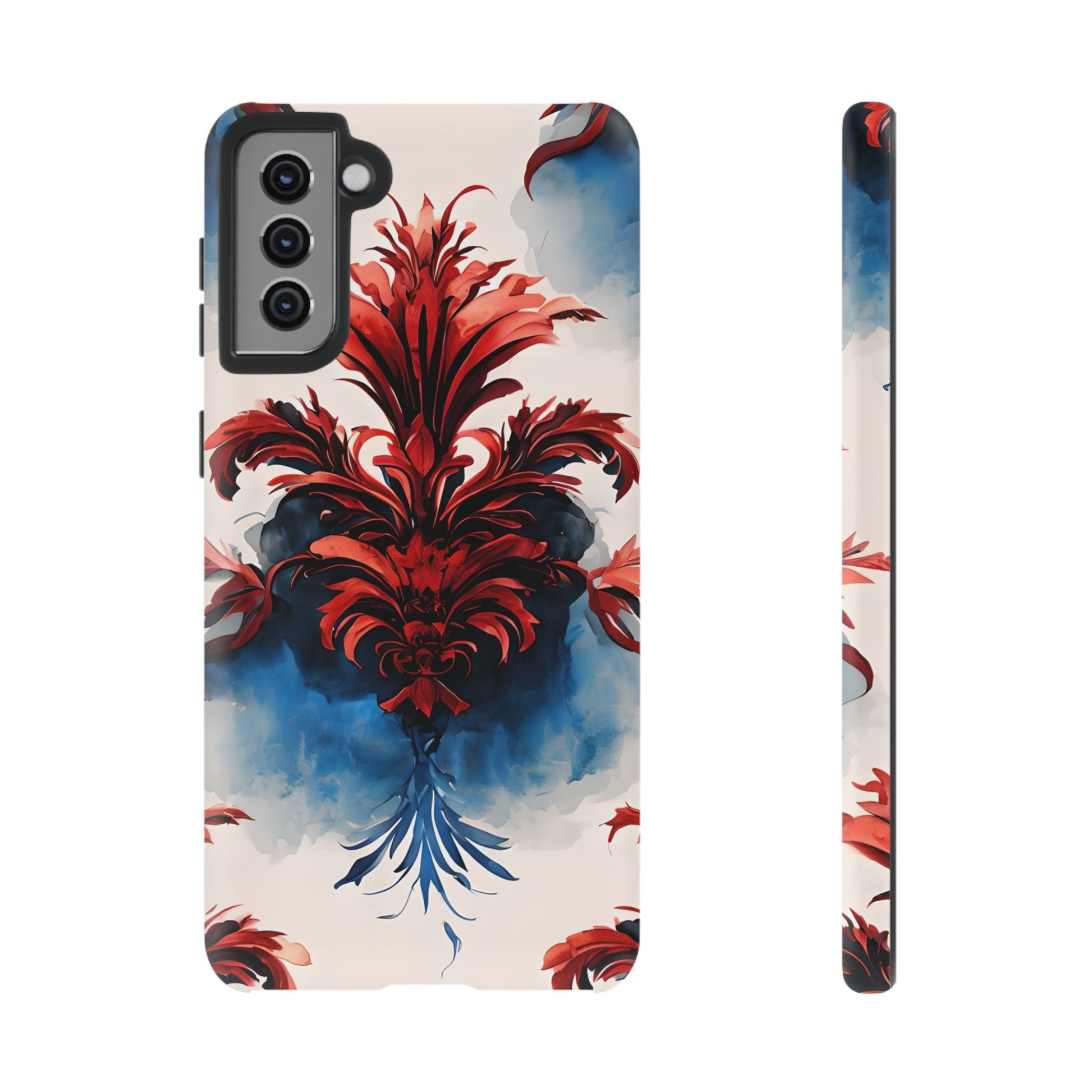 Crimson Plume - Bold Artistic Feather Samsung Galaxy S21 Plus Tough Phone Case - Dramatic Red & Blue Design