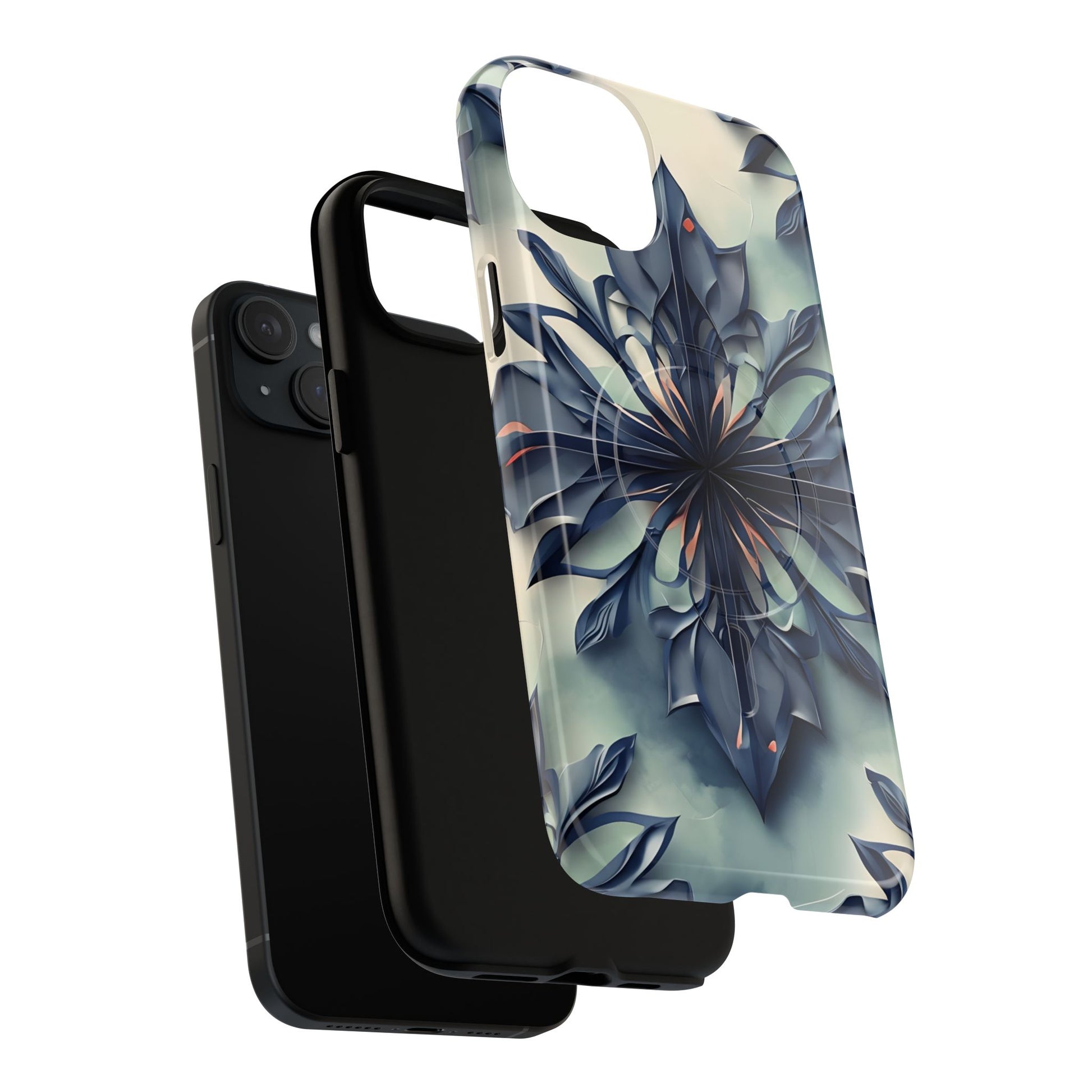 Frosted Indigo Bloom - Artistic Kaleidoscope Collection Artistic Floral - iPhone 15 Plus MagSafe Phone Case -Blue Symmetrical Design