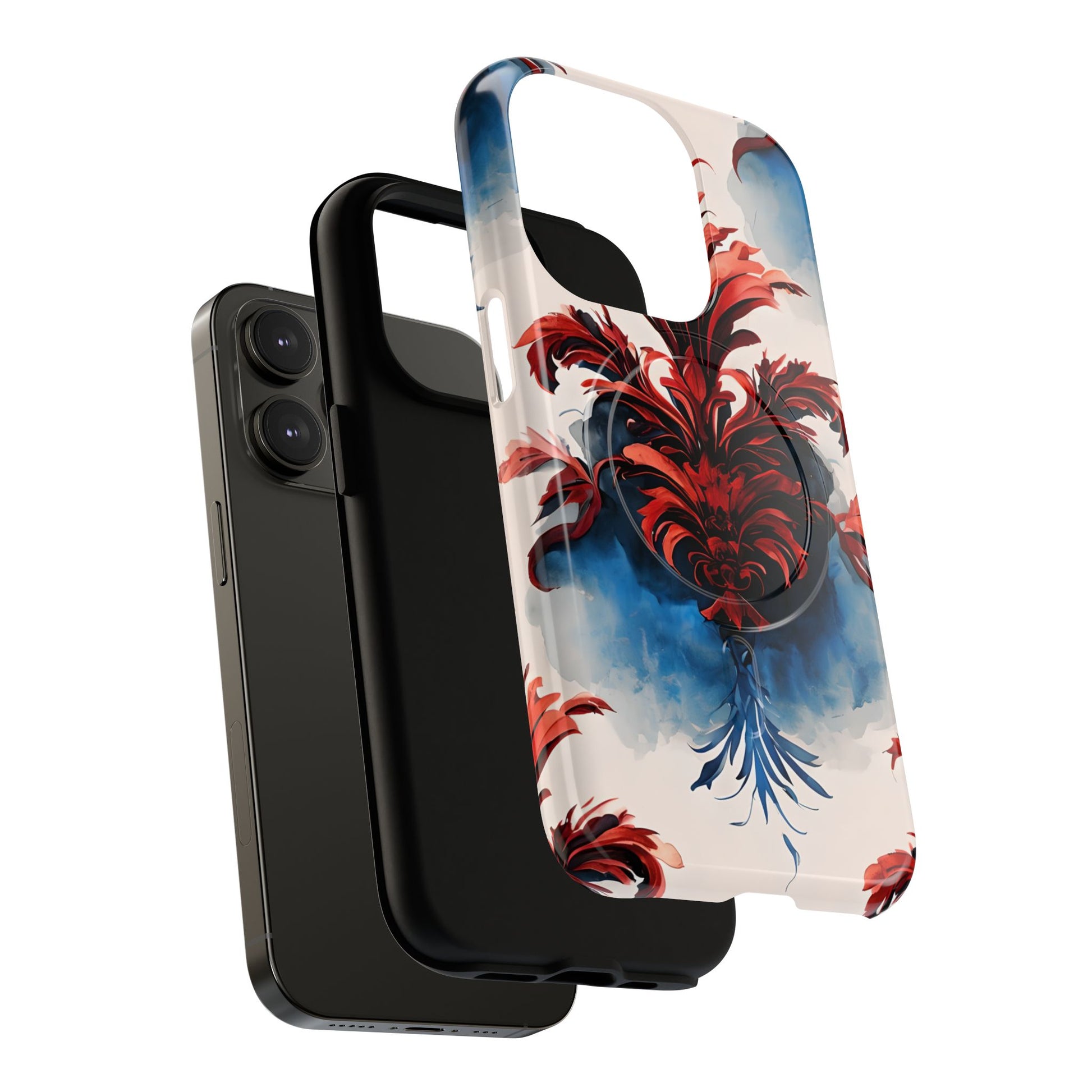 Crimson Plume - Bold Artistic Feather iPhone 14 Pro MagSafe Phone Case - Dramatic Red & Blue Design