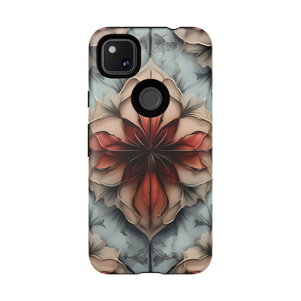 Ember Bloom - Kaleidoscope Collection Artistic Floral - Google Pixel 4a Tough Phone Case - Fiery Symmetrical Design