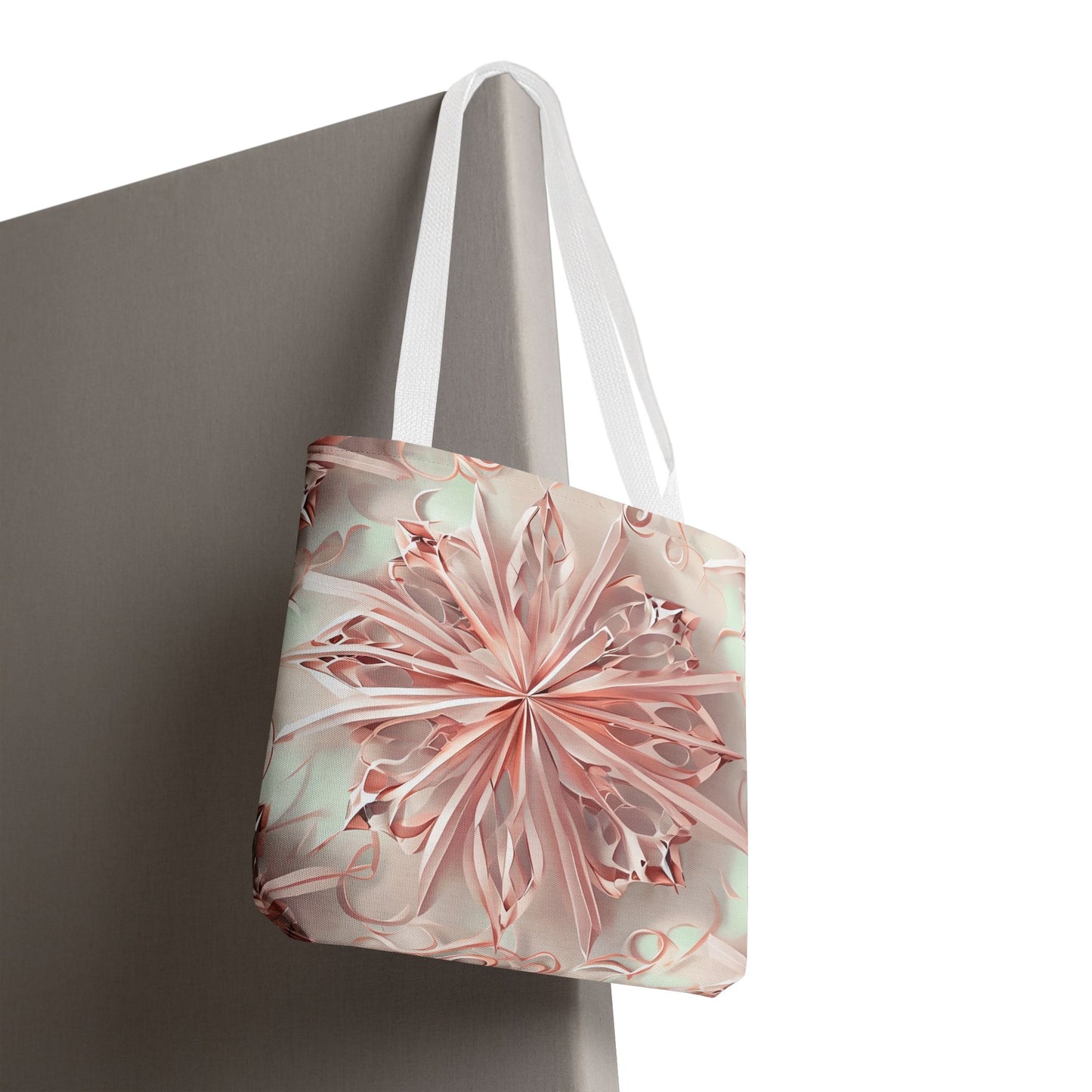 Blush Frost canvas tote bag hanging with soft pink frosted floral design