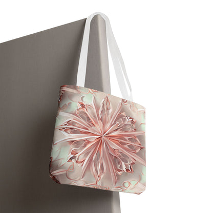 Blush Frost canvas tote bag hanging with soft pink frosted floral design