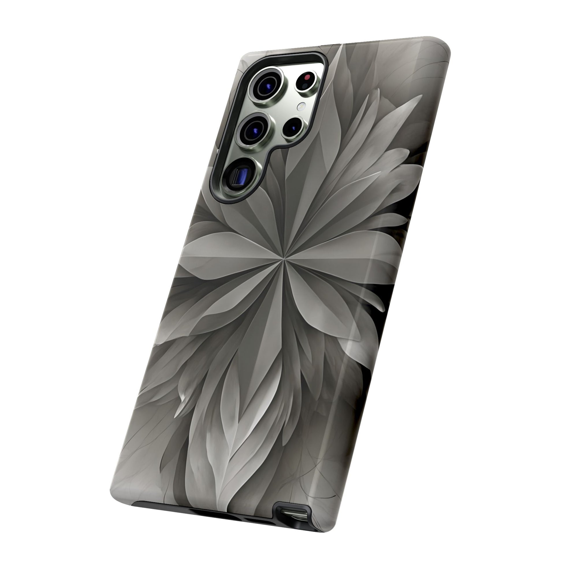 Silver Lotus silver lotus floral artwork Samsung Galaxy phone case angled view