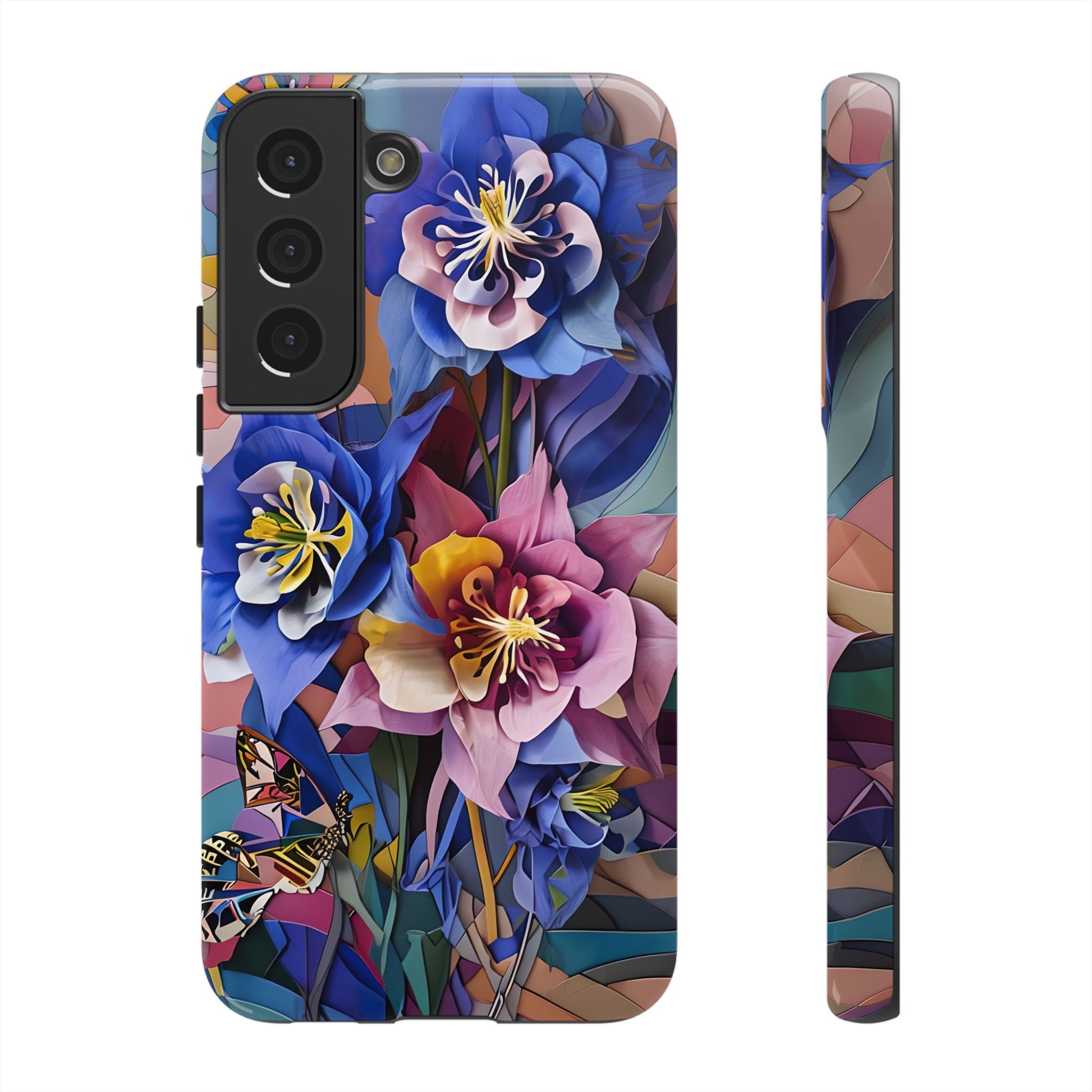 Blue Columbine Carnivale - Artistic Floral & Butterfly Samsung S22 Tough Phone Case - Vibrant Botanical Design