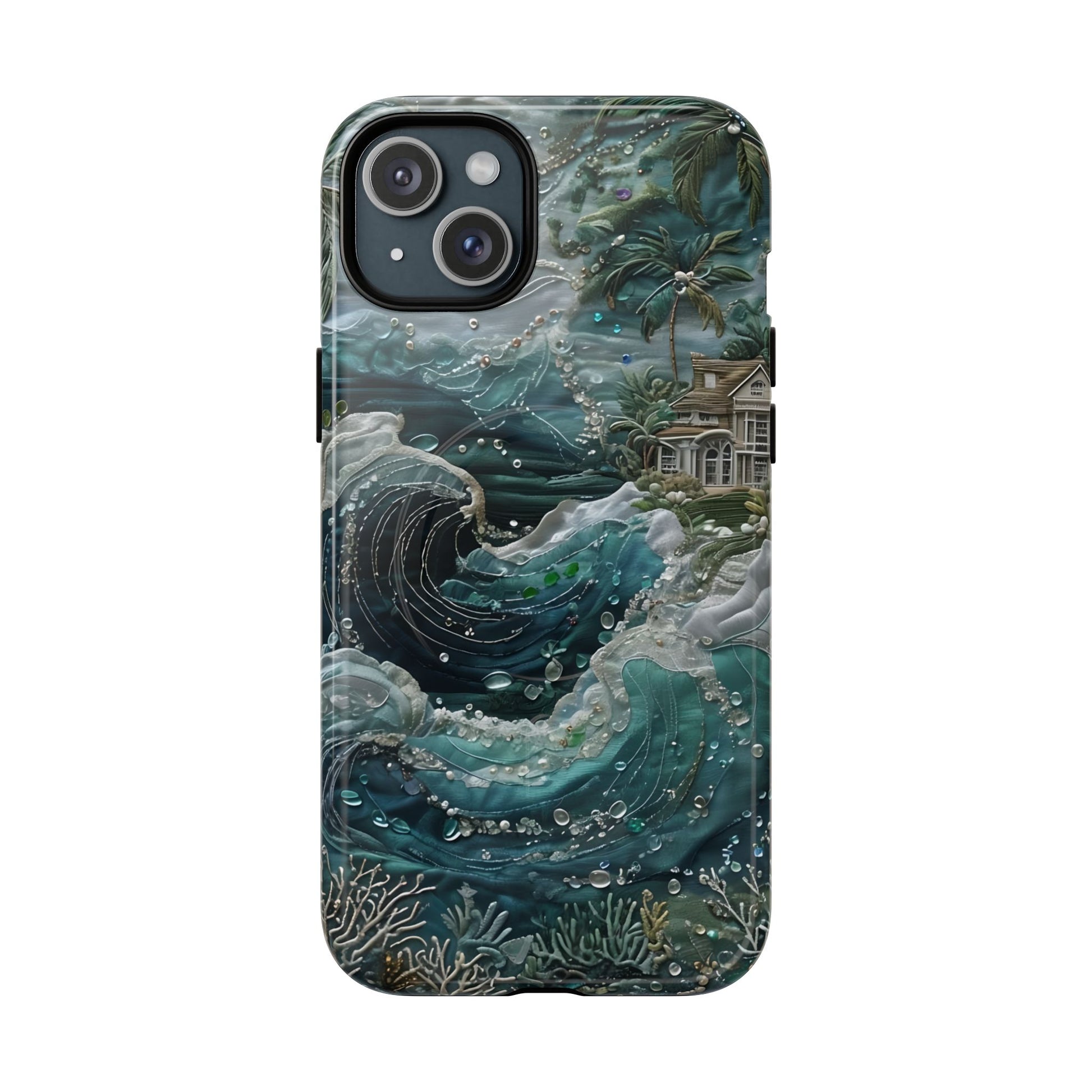 Tropical Midnight Wave - Artistic Ocean iPhone 15 Plus MagSafe Phone Case - Dramatic Blue Wave Design