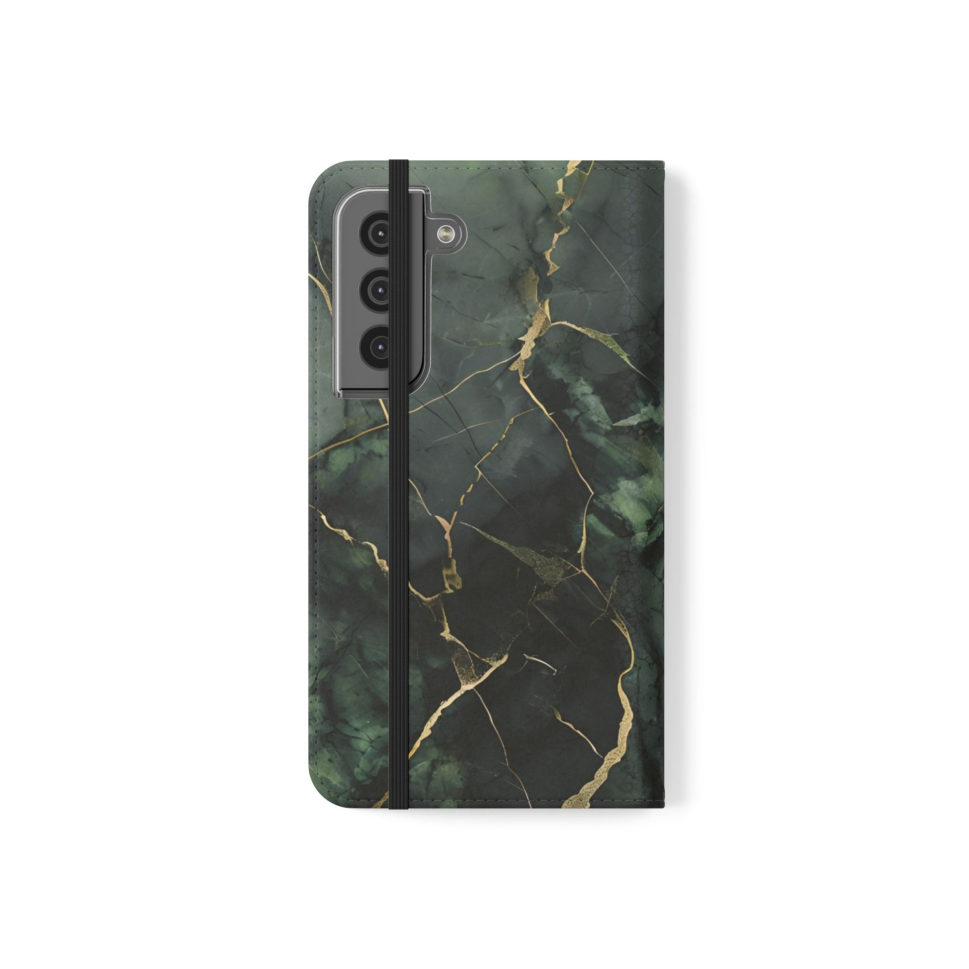 Verdant Vein - Flip Phone Case for Samsung Galaxy S22 - Green and Gold Marble Design
