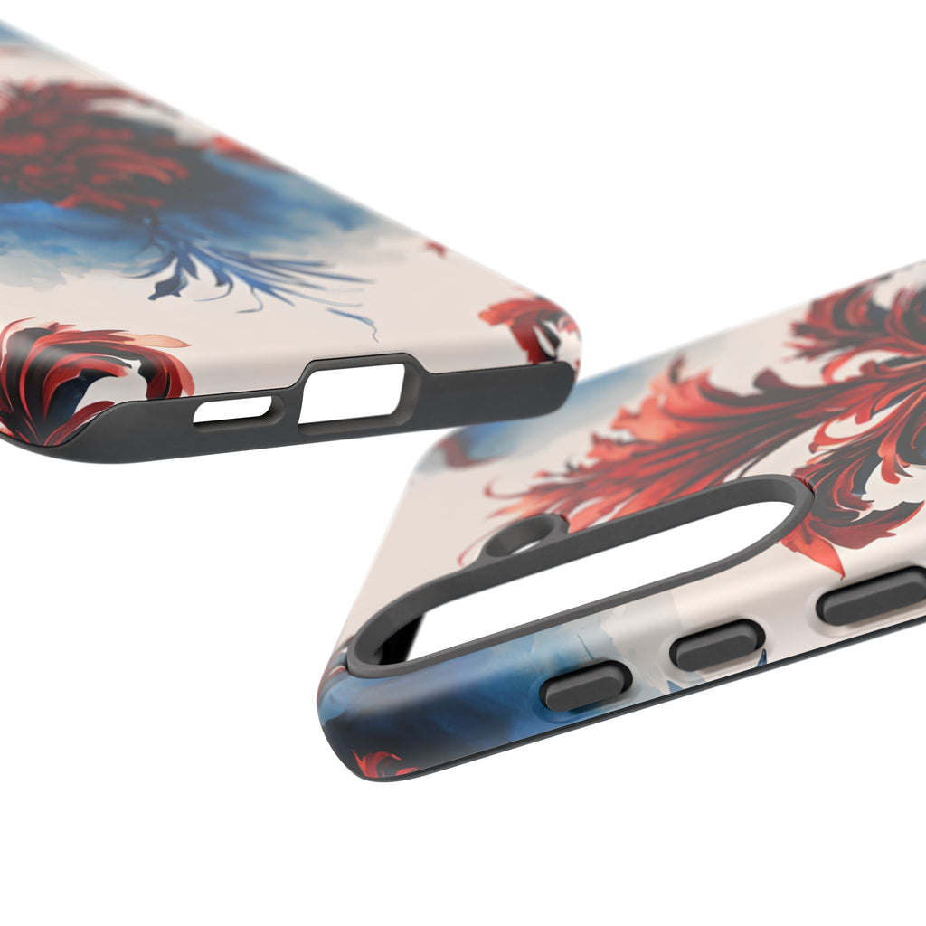 Crimson Plume - Bold Artistic Feather Samsung Galaxy S25 Plus Tough Phone Case - Dramatic Red & Blue Design