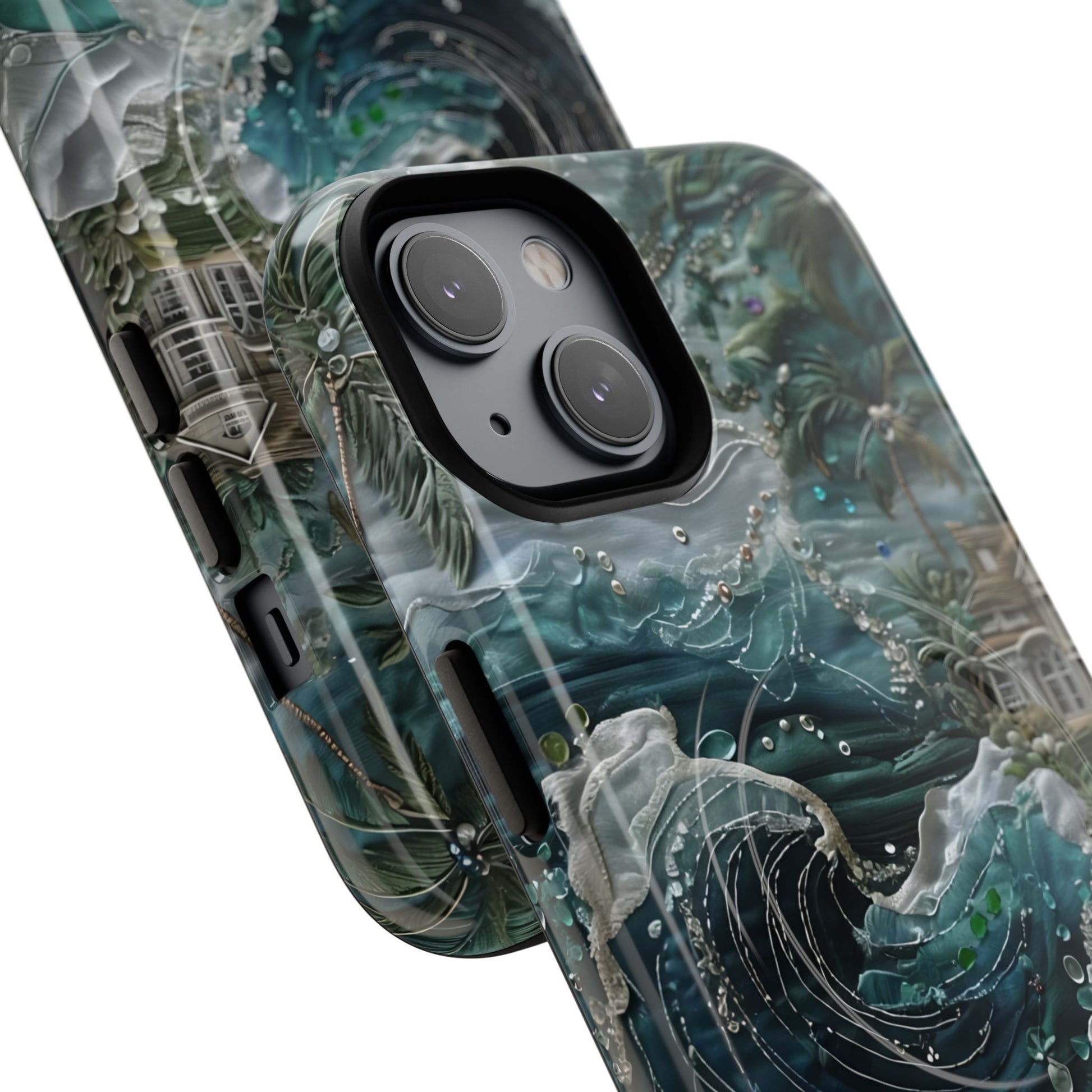 Angled view of Tropical Midnight Wave iPhone MagSafe protective phone case