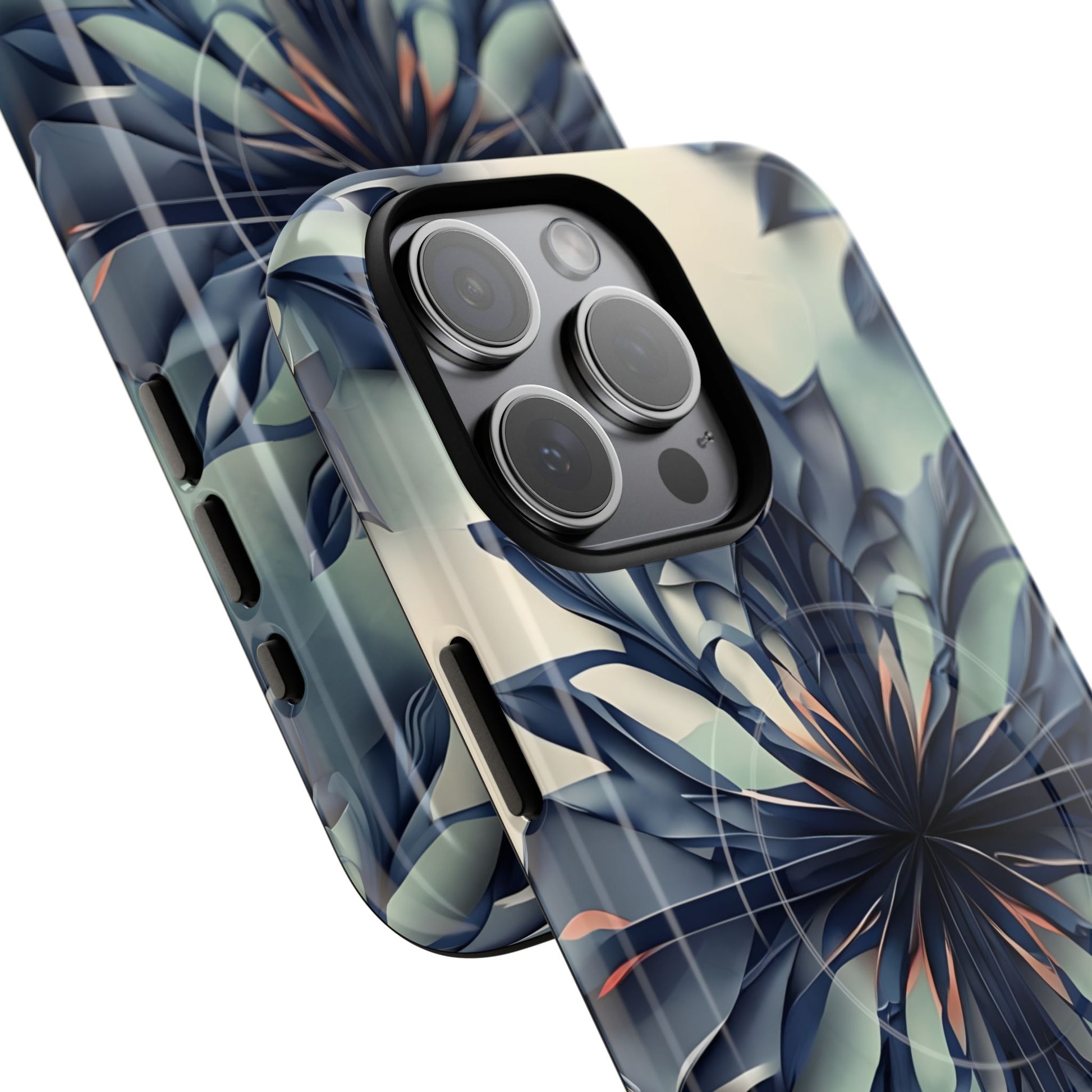 Frosted Indigo Bloom - Artistic Kaleidoscope Collection Artistic Floral - iPhone 15 Pro Max MagSafe Phone Case -Blue Symmetrical Design
