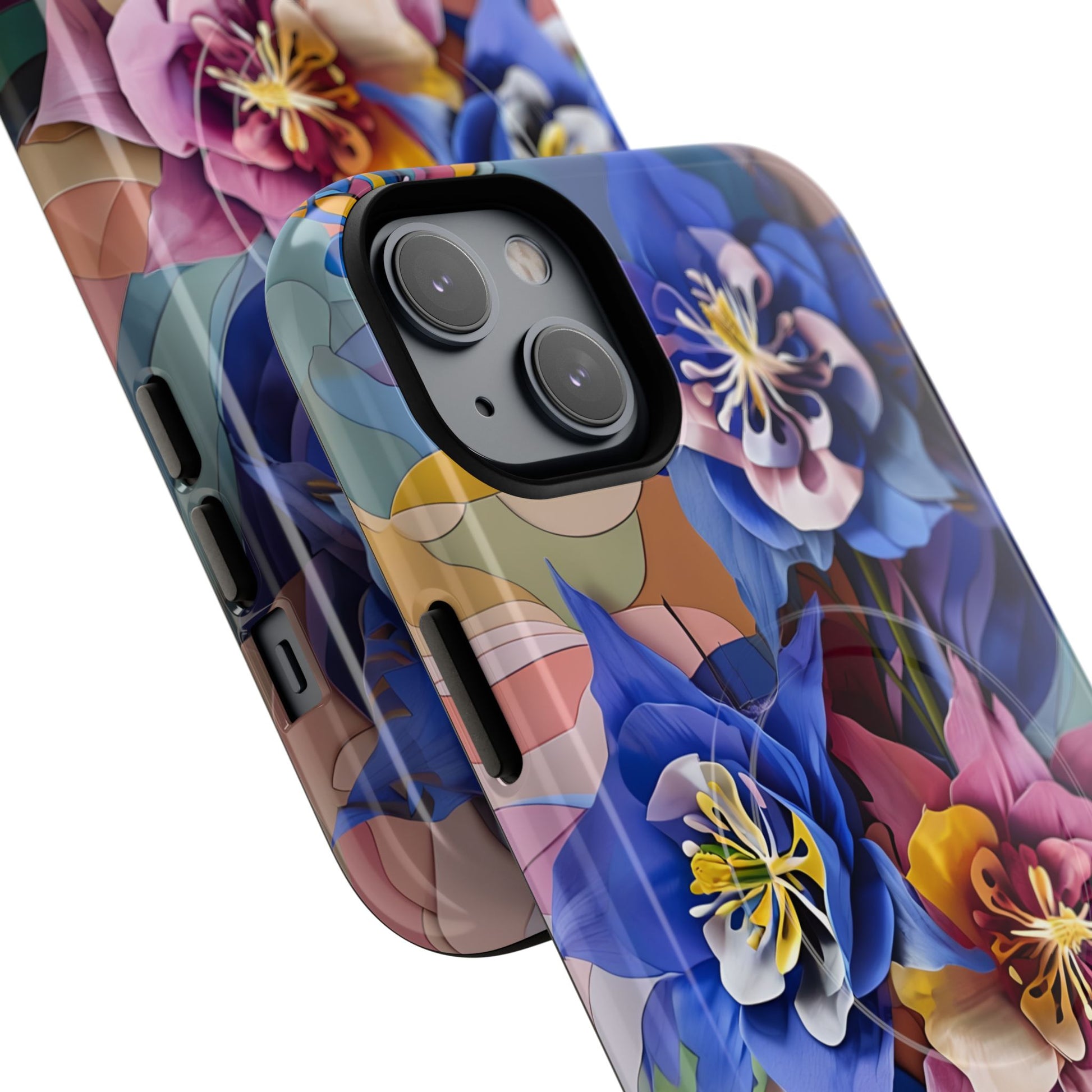 Blue Columbine Carnivale - Artistic Floral & Butterfly iPhone 14 Plus MagSafe Phone Case - Vibrant Botanical Design