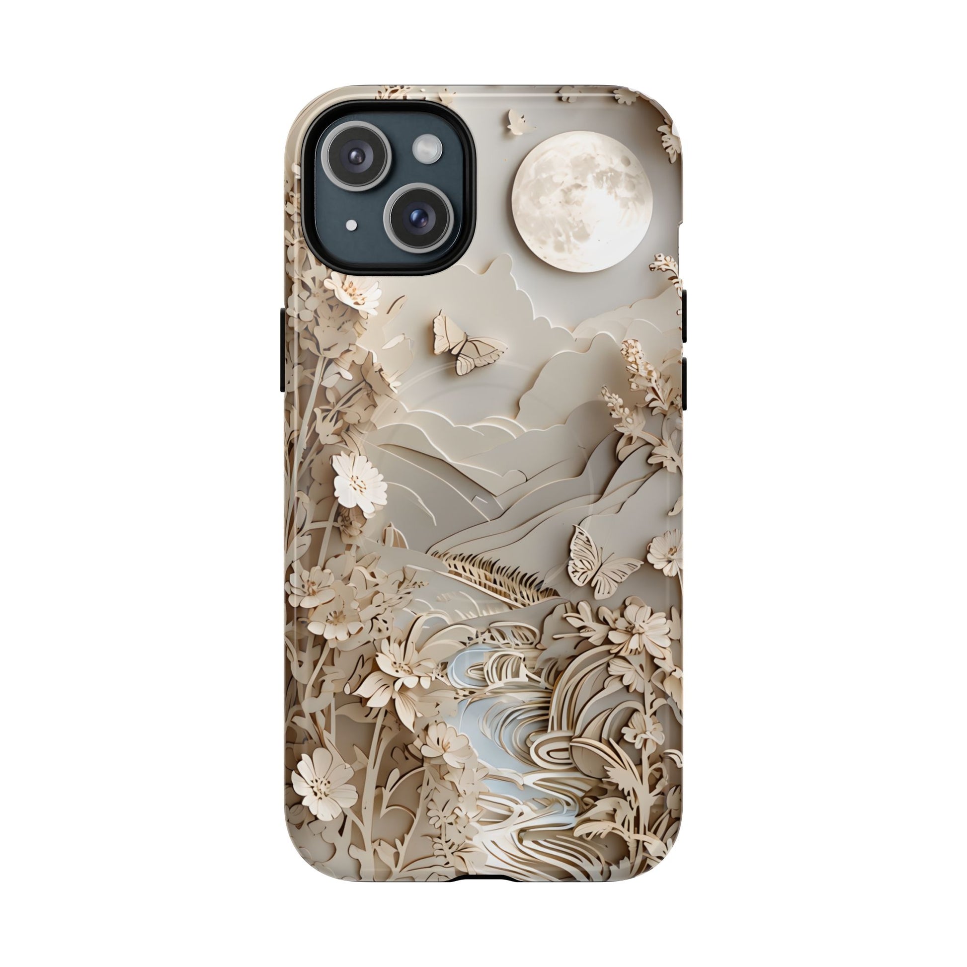 Moonlit Garden - Elegant Neutral Floral iPhone 15 Plus MagSafe Phone Case - Painterly Botanical & Moon Design