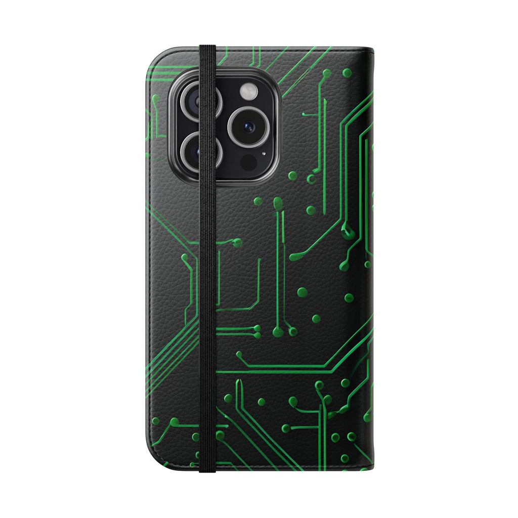 Green Circuit Grid Wallet Phone Case - Green & Black Computer Circuit Design - Flip Cover for iPhone 15 Pro
