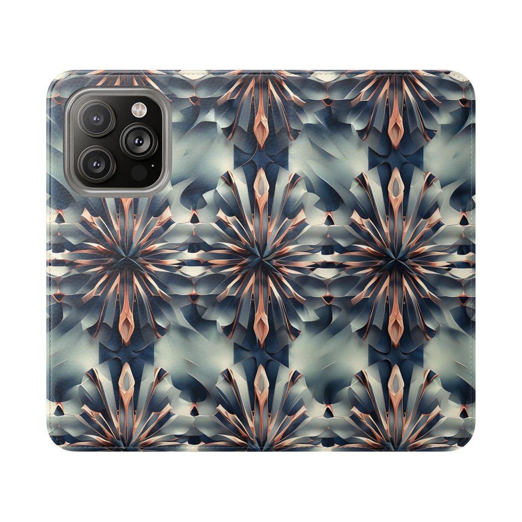 Obsidian Kaleidoscope iPhone 14 Pro Wallet Case - Elegant Abstract Flip Cover with Card Slots