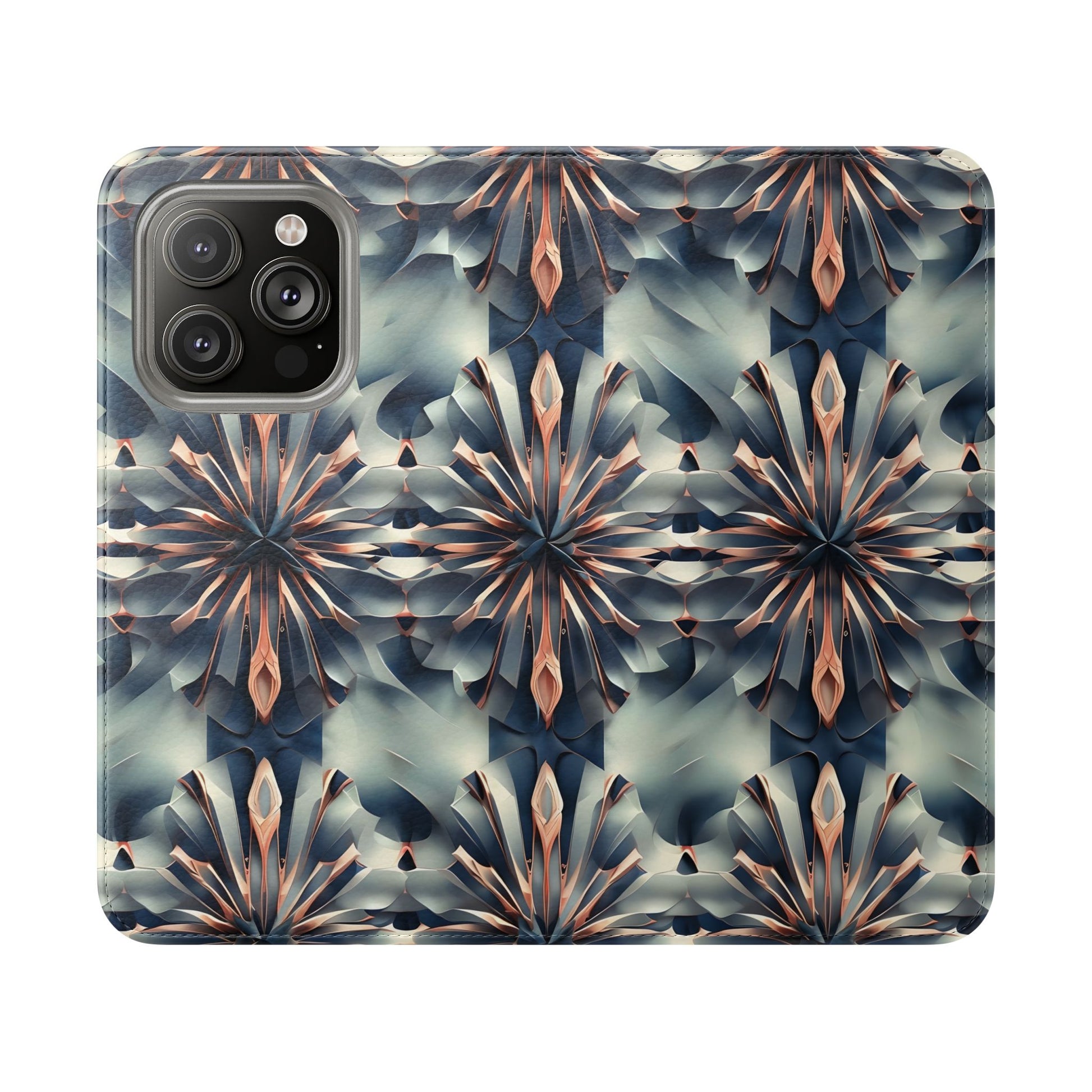 Obsidian Kaleidoscope iPhone 14 Pro Wallet Case - Elegant Abstract Flip Cover with Card Slots