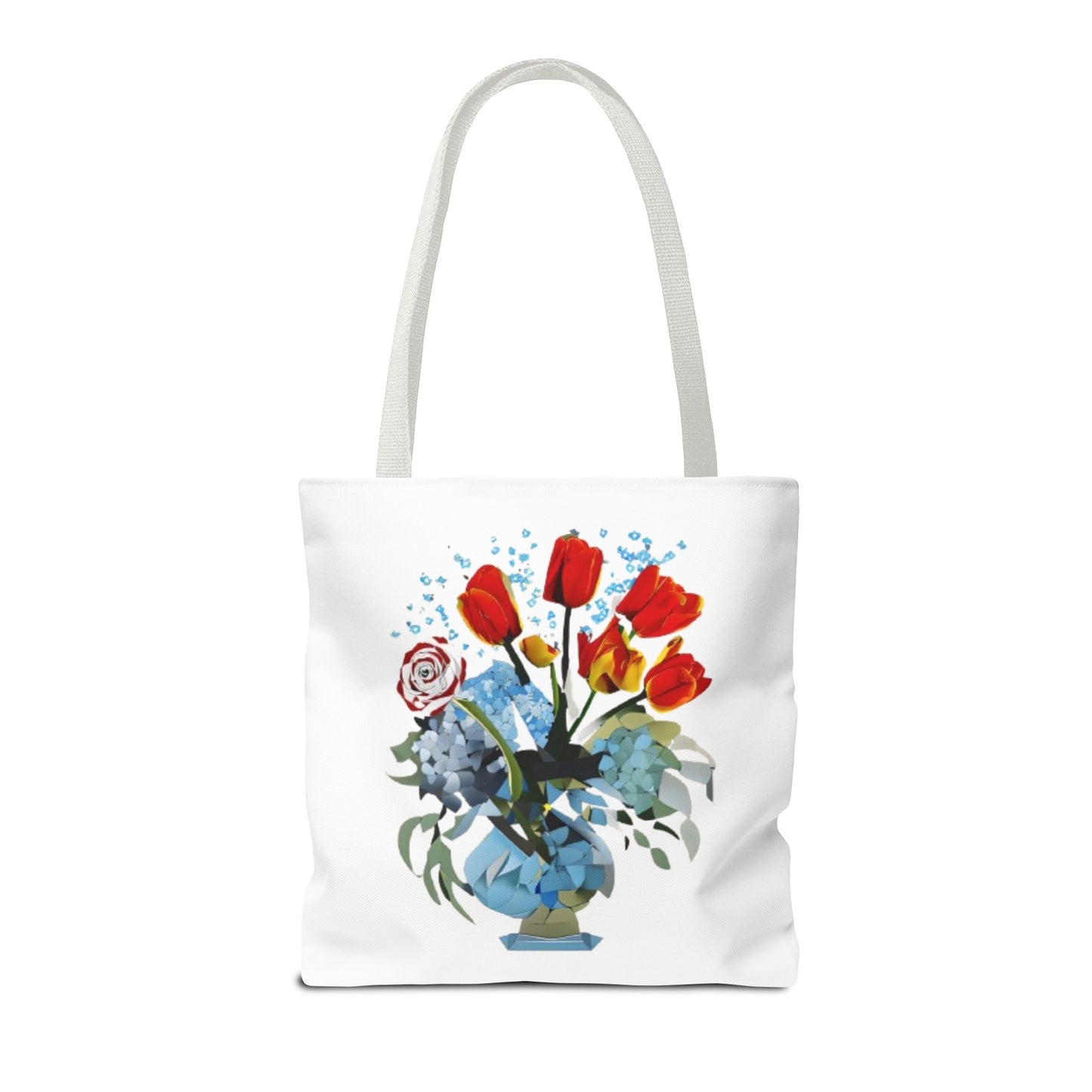 Bouquet Brilliance Tote (16x16 & 18x18)- Vibrant Red Tulips and Blue Porcelain Vase on White Canvas, Reusable & Eco-Friendly