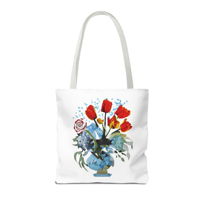 Bouquet Brilliance Tote (16x16 & 18x18)- Vibrant Red Tulips and Blue Porcelain Vase on White Canvas, Reusable & Eco-Friendly