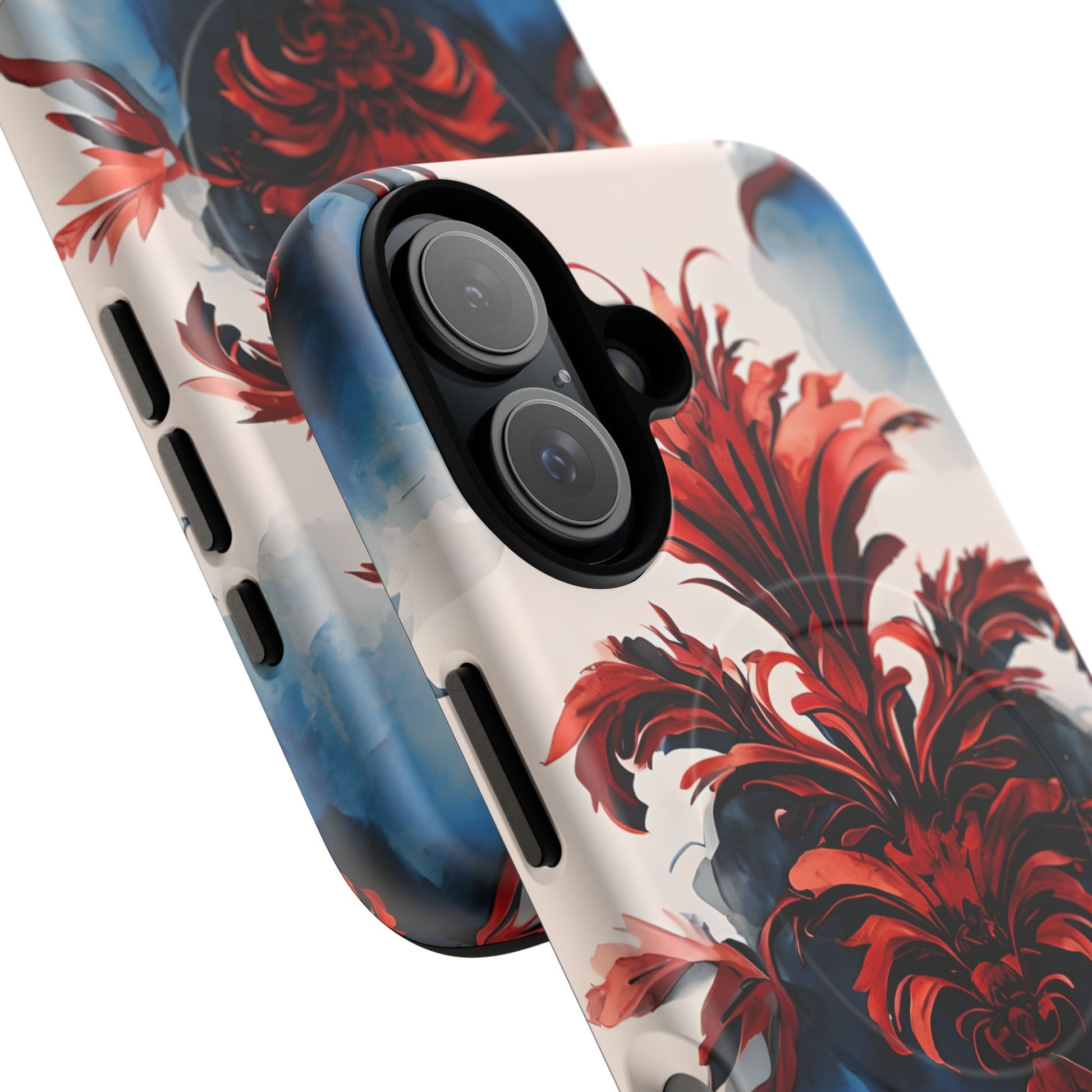 Crimson Plume - Bold Artistic Feather iPhone 16 MagSafe Phone Case - Dramatic Red & Blue Design