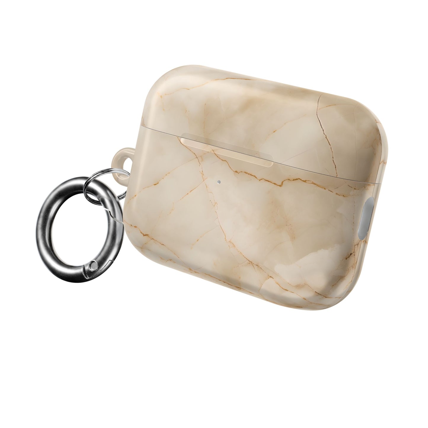 Parchment Mist AirPods protective case with beige marble design and attached carabiner clip