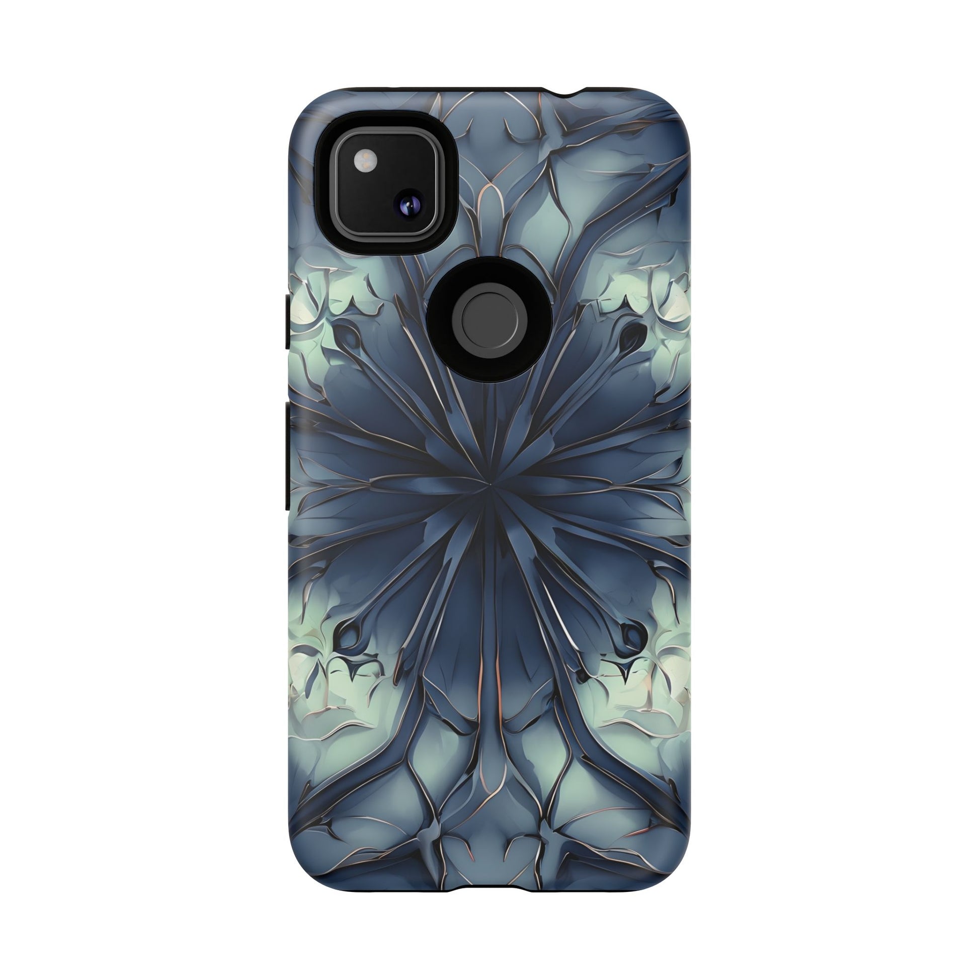 Indigo Mosaic - Artistic Kaleidoscope Collection Artistic Floral - Google Pixel 4a Tough Phone Case - Bold Blue Symmetrical Design