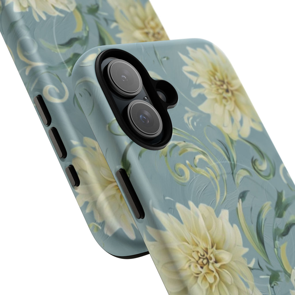 Golden Dahlia Trio - Elegant Floral iPhone 16 Plus MagSafe Phone Case - Artistic White & Blue Dahlia Design